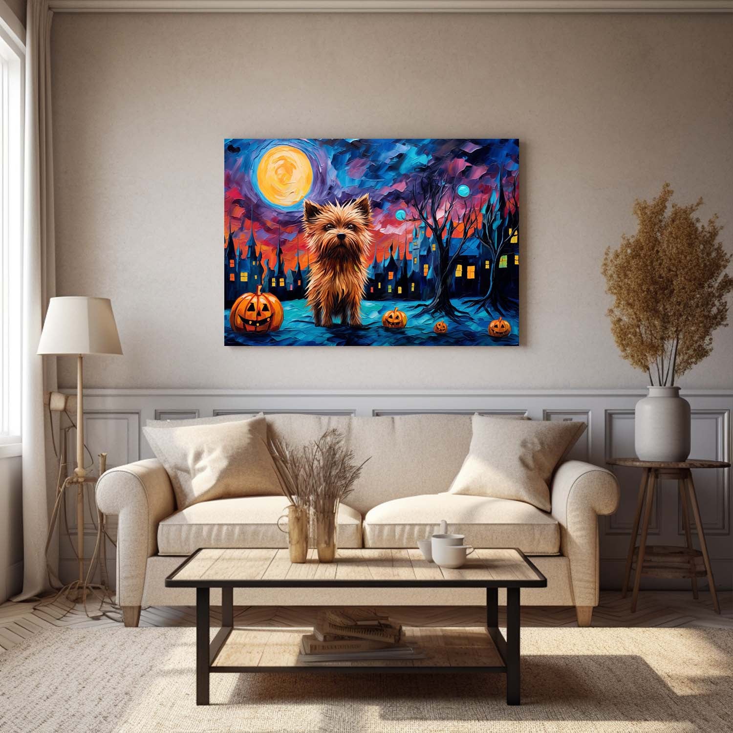Yorkshire Terriers Dog 04 Halloween With Pumpkin Oil Painting Van Goh Style, Wooden Canvas Prints Wall Art Painting , Canvas 3d Art