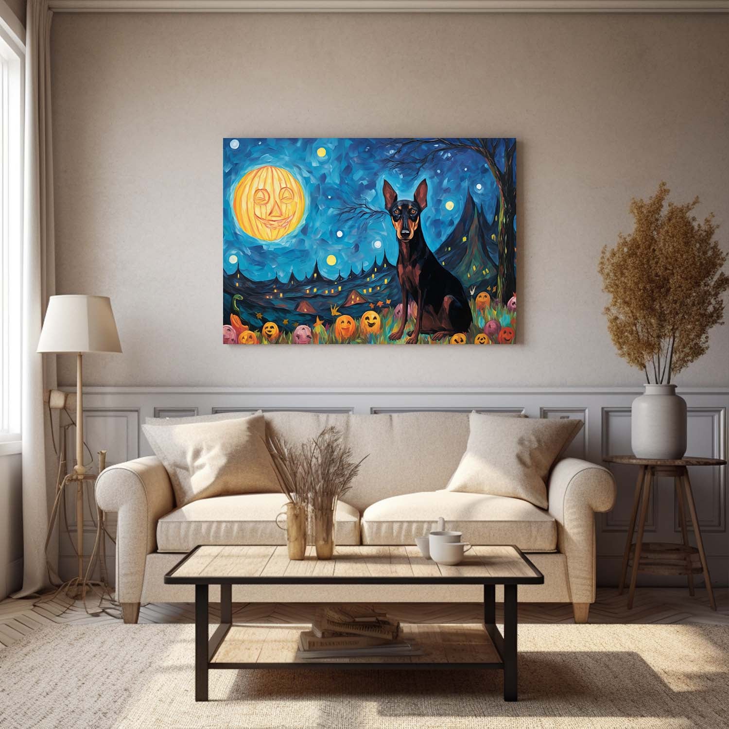 Doberman Pinschers Dog 03 Halloween With Pumpkin Oil Painting Van Goh Style, Wooden Canvas Prints Wall Art Painting , Canvas 3d Art