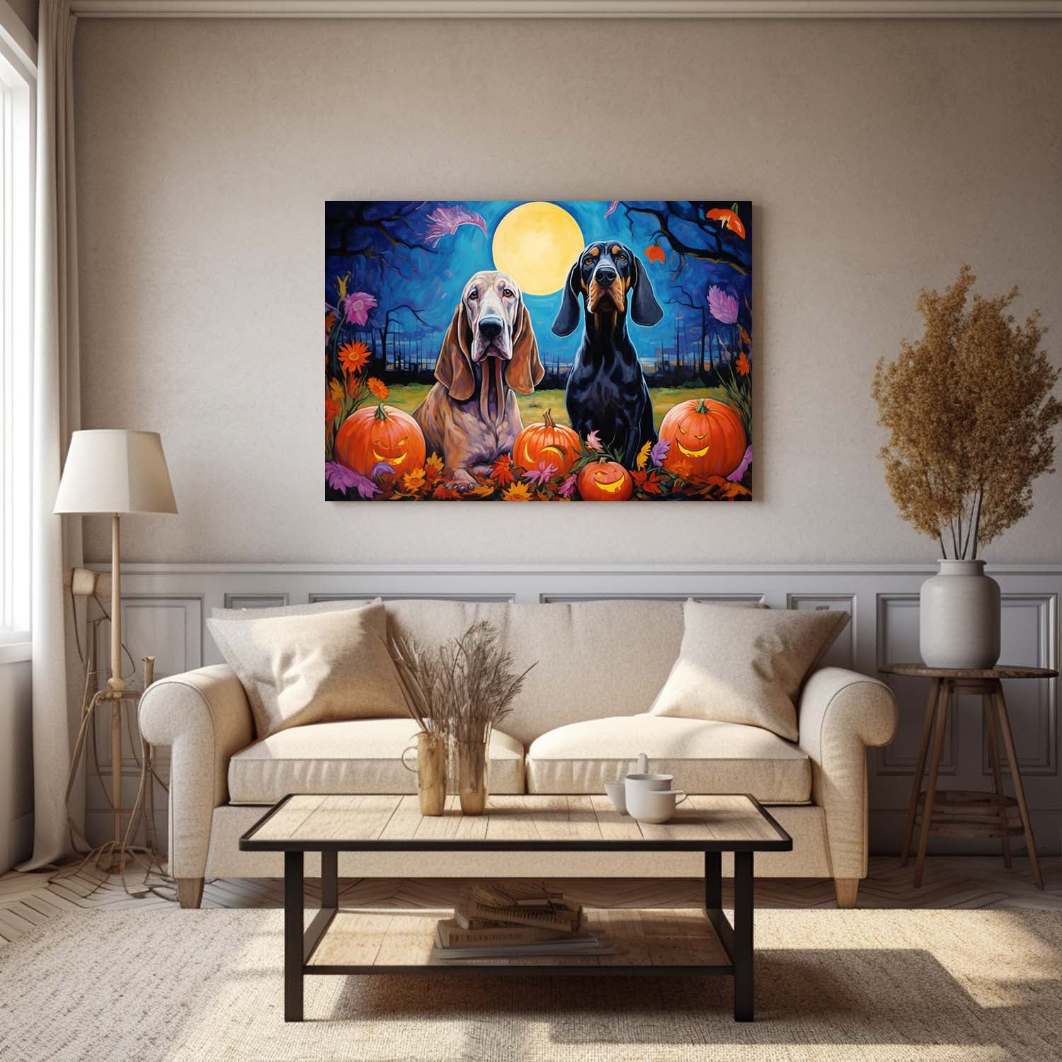 Bloodhound Dog Halloween With Pumpkin Oil Painting Van Goh Style, Wooden Canvas Prints Wall Art Painting , Canvas 3d Art