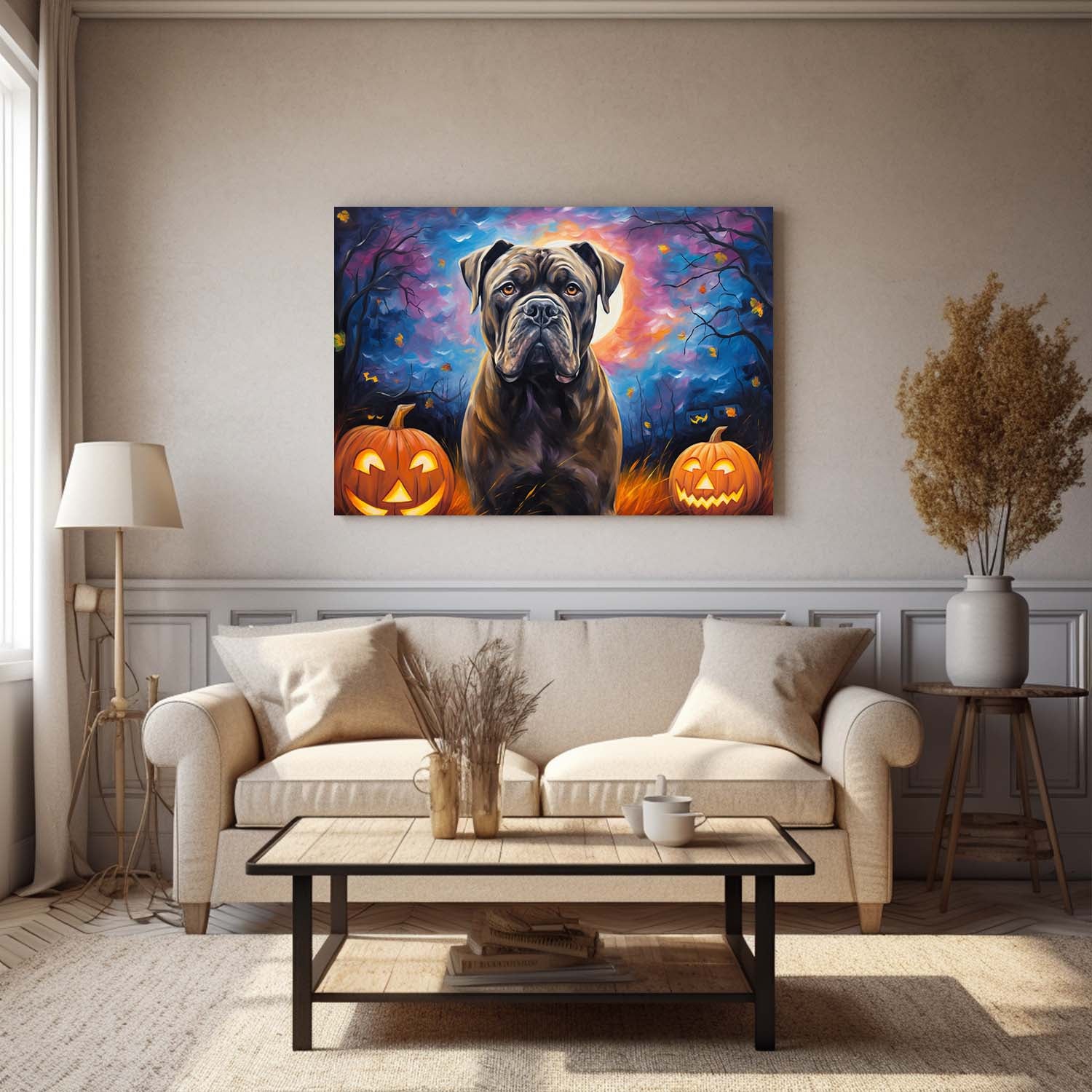 Cane Corso Dog 04 Halloween With Pumpkin Oil Painting Van Goh Style, Wooden Canvas Prints Wall Art Painting , Canvas 3d Art