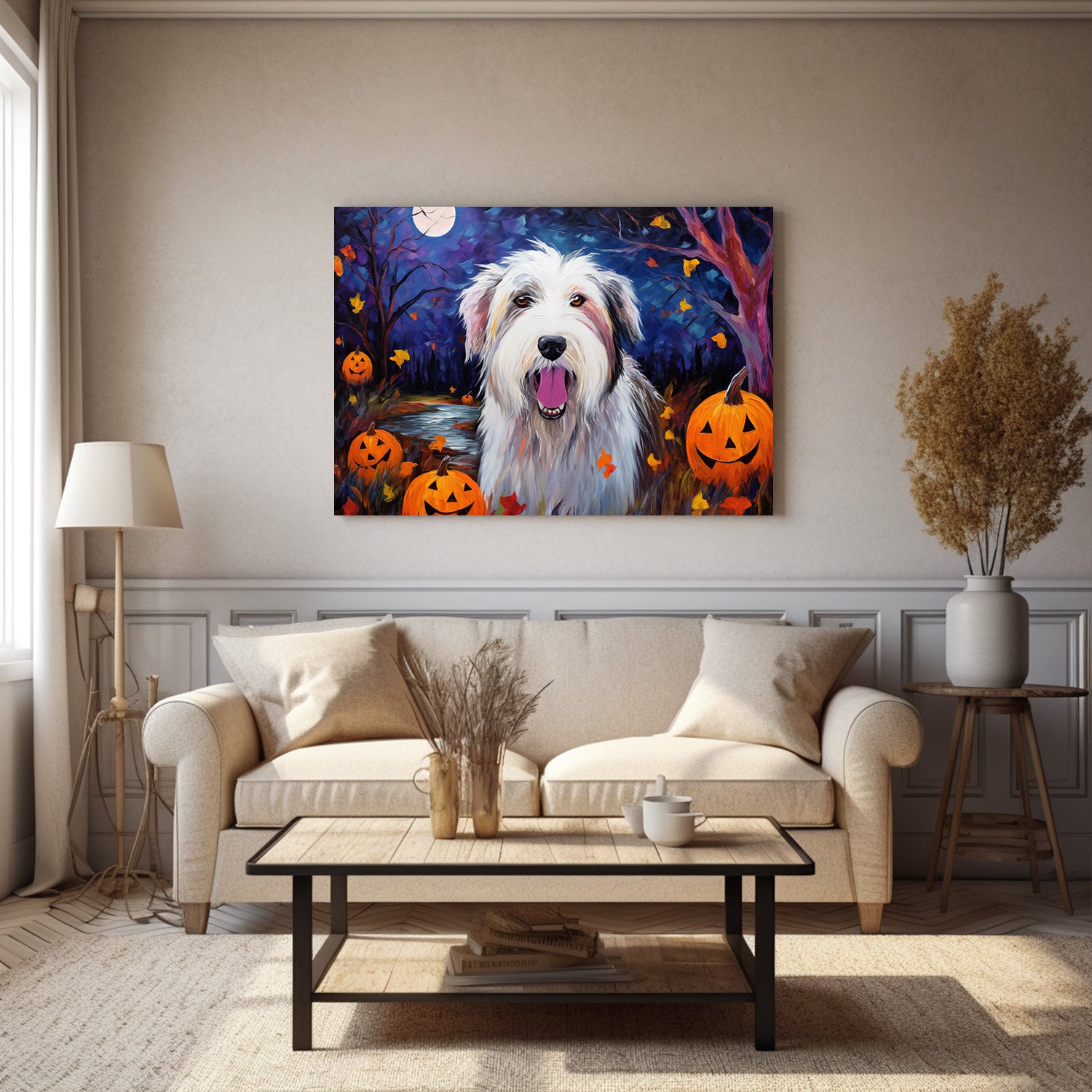 Old English Sheepdogs Dog Halloween With Pumpkin Oil Painting Van Goh Style, Wooden Canvas Prints Wall Art Painting , Canvas 3d Art