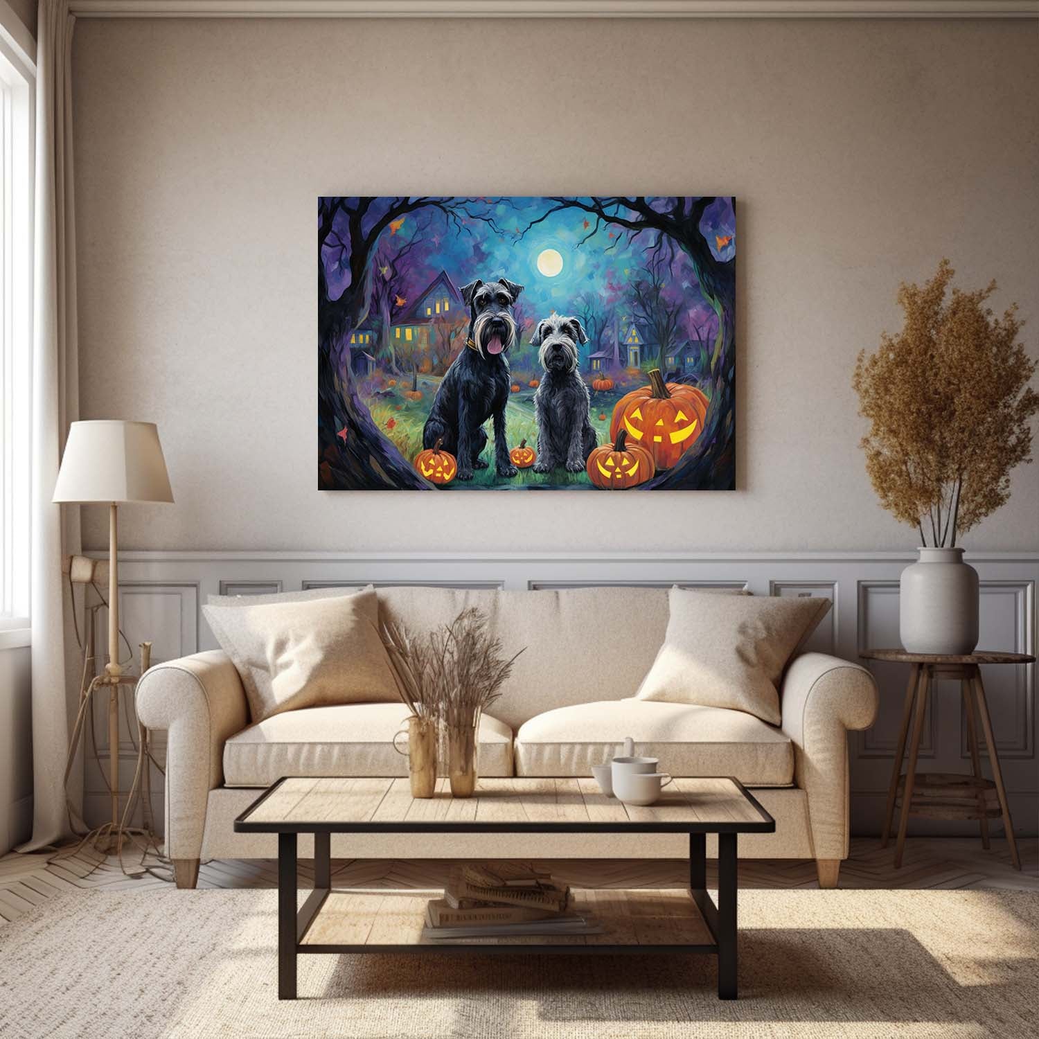 Schnauzers Dog Halloween With Pumpkin Oil Painting Van Goh Style, Wooden Canvas Prints Wall Art Painting , Canvas 3d Art
