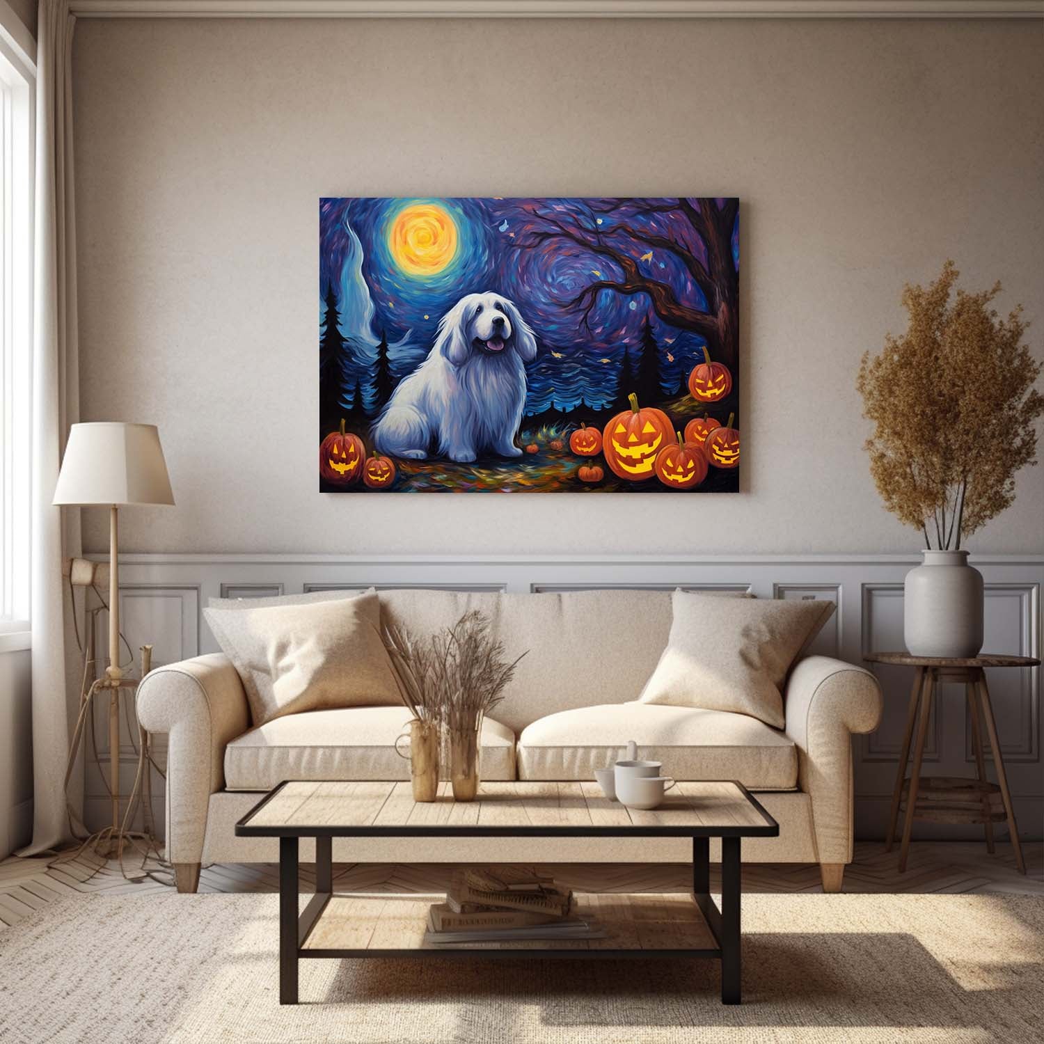 Newfoundland Dog Halloween With Pumpkin Oil Painting Van Goh Style, Wooden Canvas Prints Wall Art Painting , Canvas 3d Art