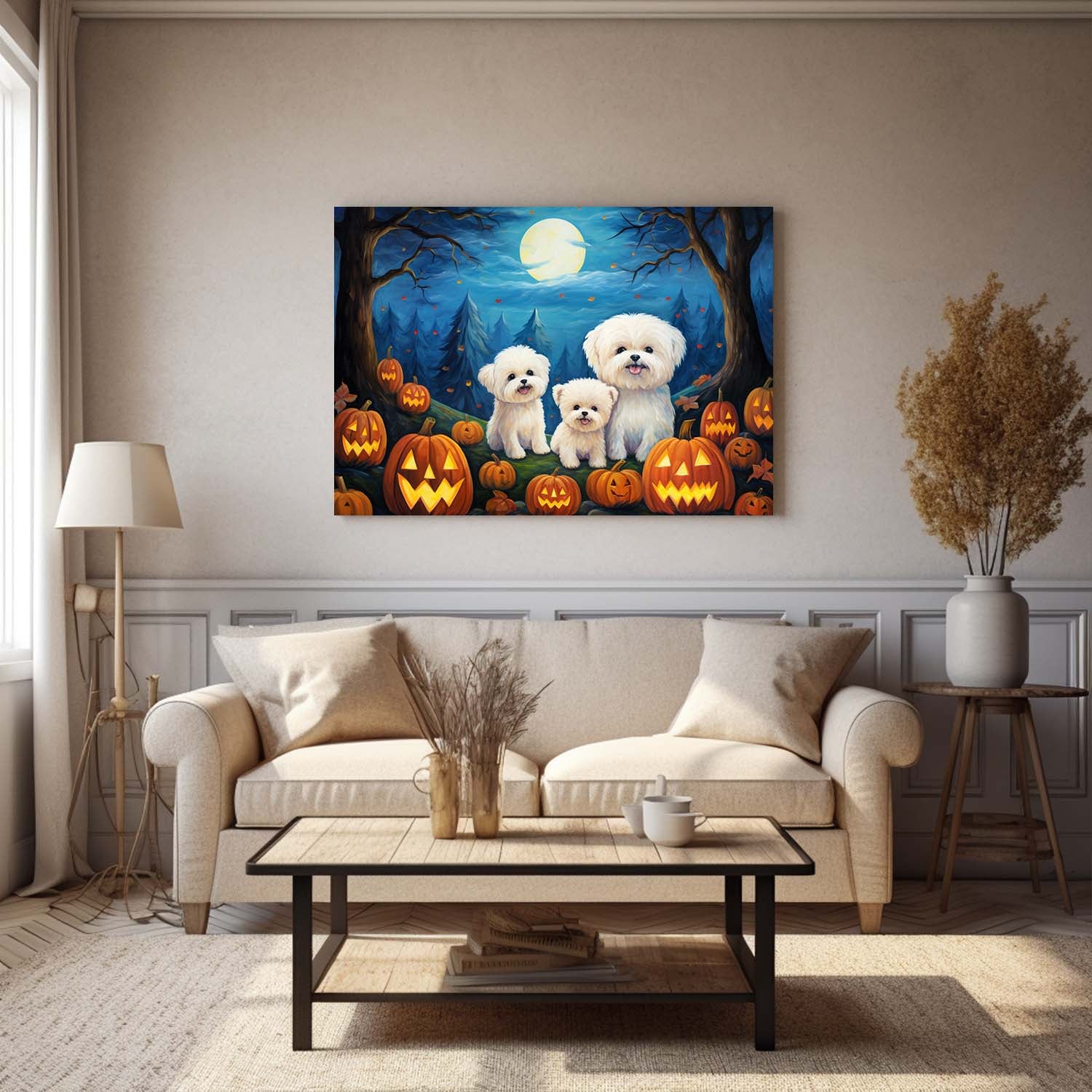 Bichons Frises Dog 02 Halloween With Pumpkin Oil Painting Van Goh Style, Wooden Canvas Prints Wall Art Painting , Canvas 3d Art