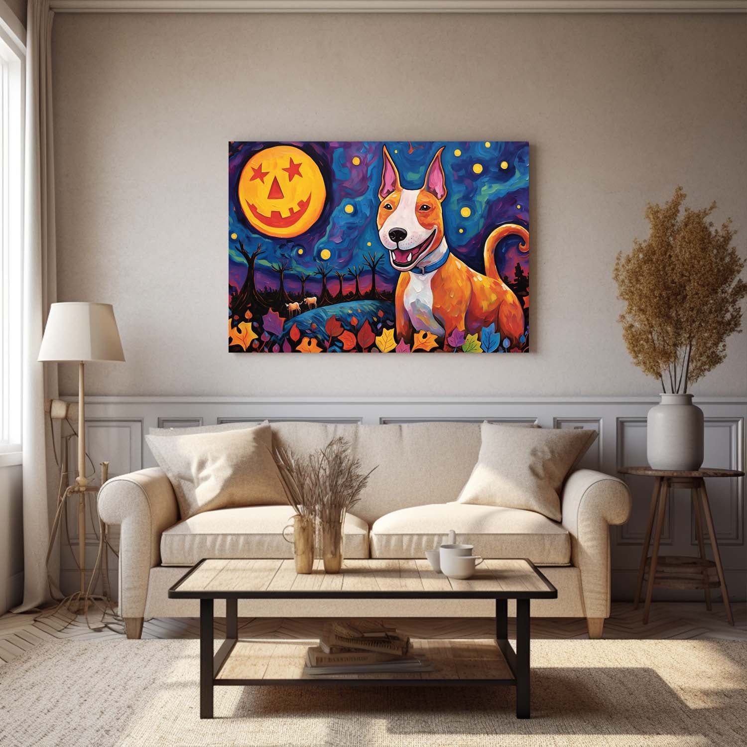 Bull Terriers Dog Halloween With Pumpkin Oil Painting Van Goh Style, Wooden Canvas Prints Wall Art Painting , Canvas 3d Art
