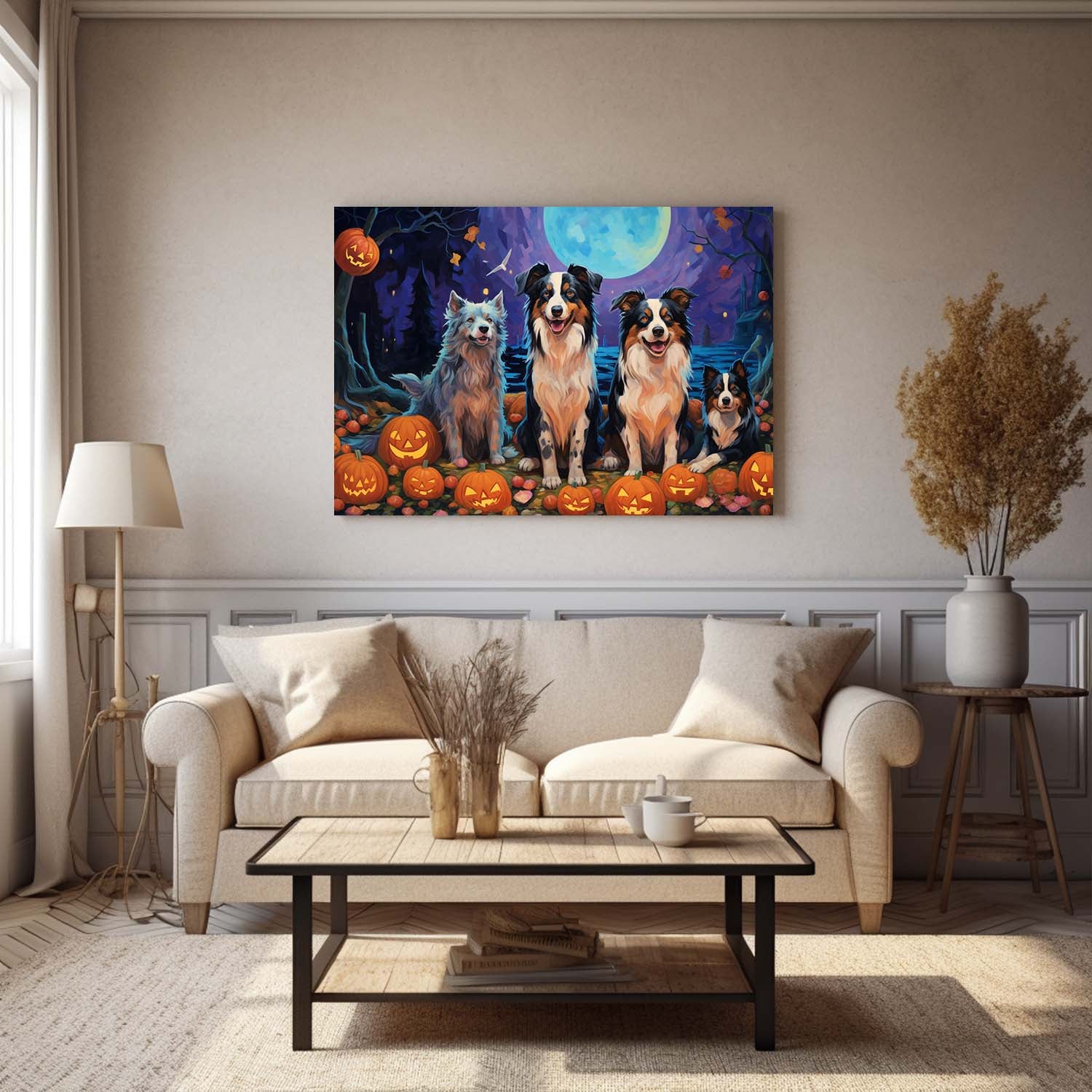 Miniature American Shepherds Dog 01 Halloween With Pumpkin Oil Painting Van Goh Style, Wooden Canvas Prints Wall Art Painting , Canvas 3d Art