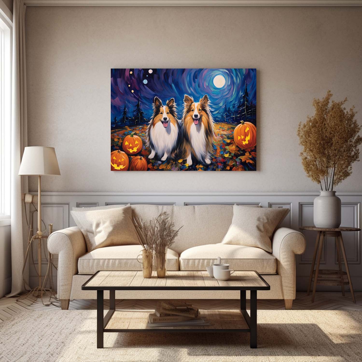 Shetland Sheepdogs Dog 02 Halloween With Pumpkin Oil Painting Van Goh Style, Wooden Canvas Prints Wall Art Painting , Canvas 3d Art