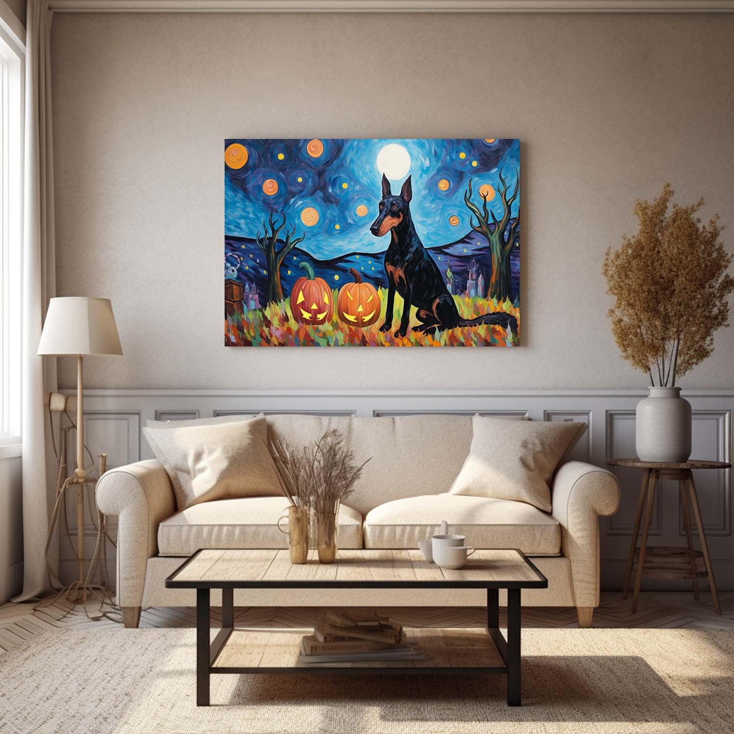 Doberman Pinschers Dog 01 Halloween With Pumpkin Oil Painting Van Goh Style, Wooden Canvas Prints Wall Art Painting , Canvas 3d Art