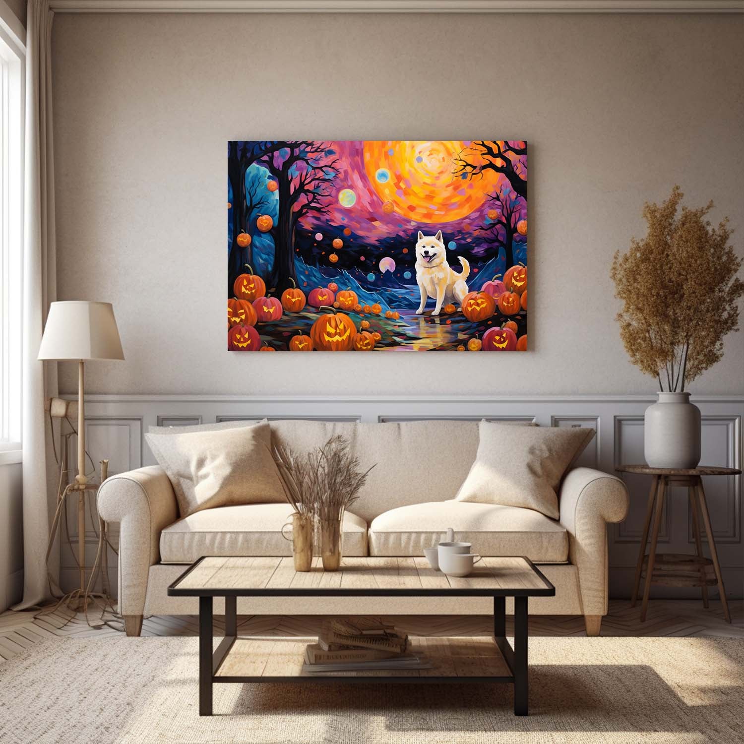 Akita Dog 01 Halloween With Pumpkin Oil Painting Van Goh Style, Wooden Canvas Prints Wall Art Painting , Canvas 3d Art