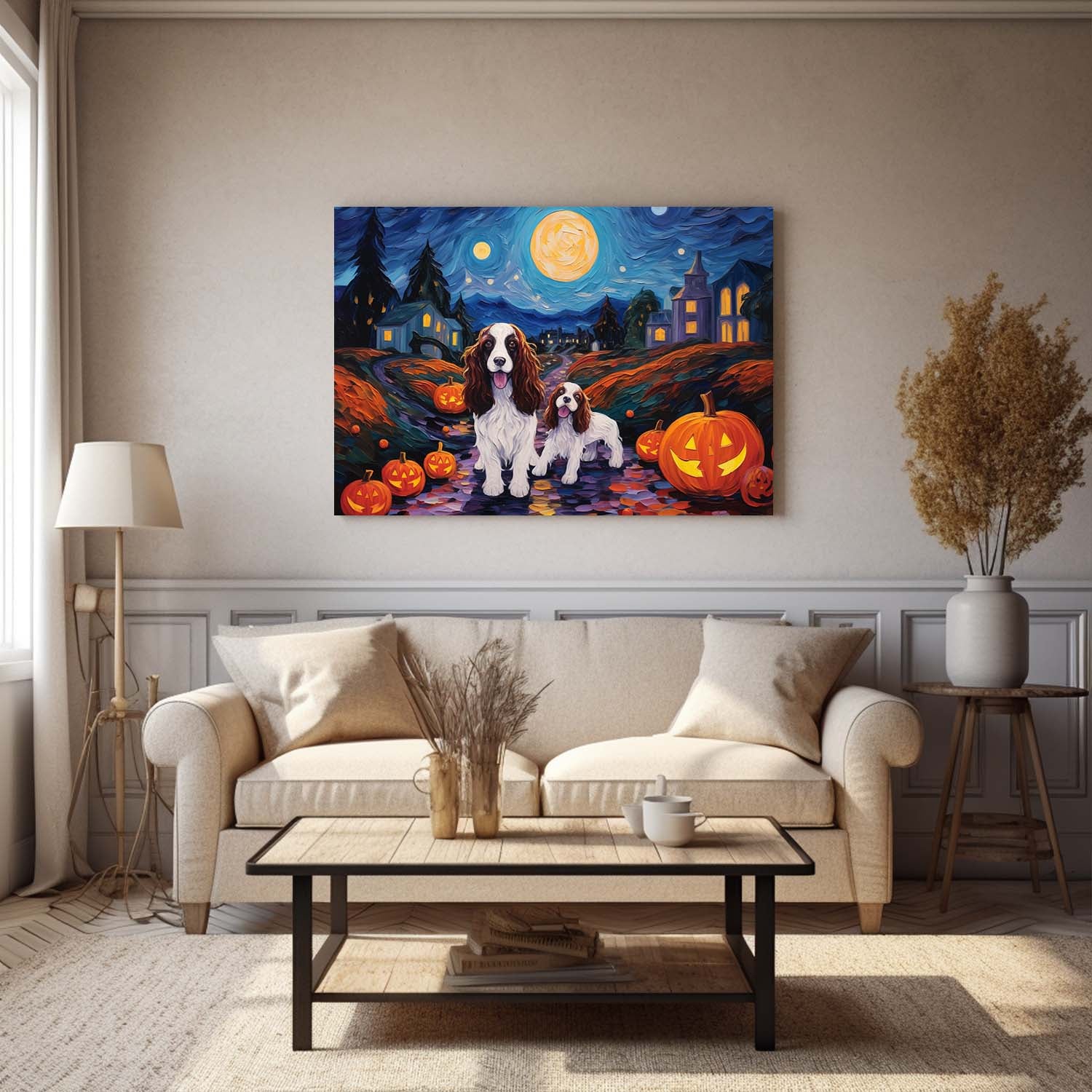 English Springer Spaniels Dog 02 Halloween With Pumpkin Oil Painting Van Goh Style, Wooden Canvas Prints Wall Art Painting , Canvas 3d Art