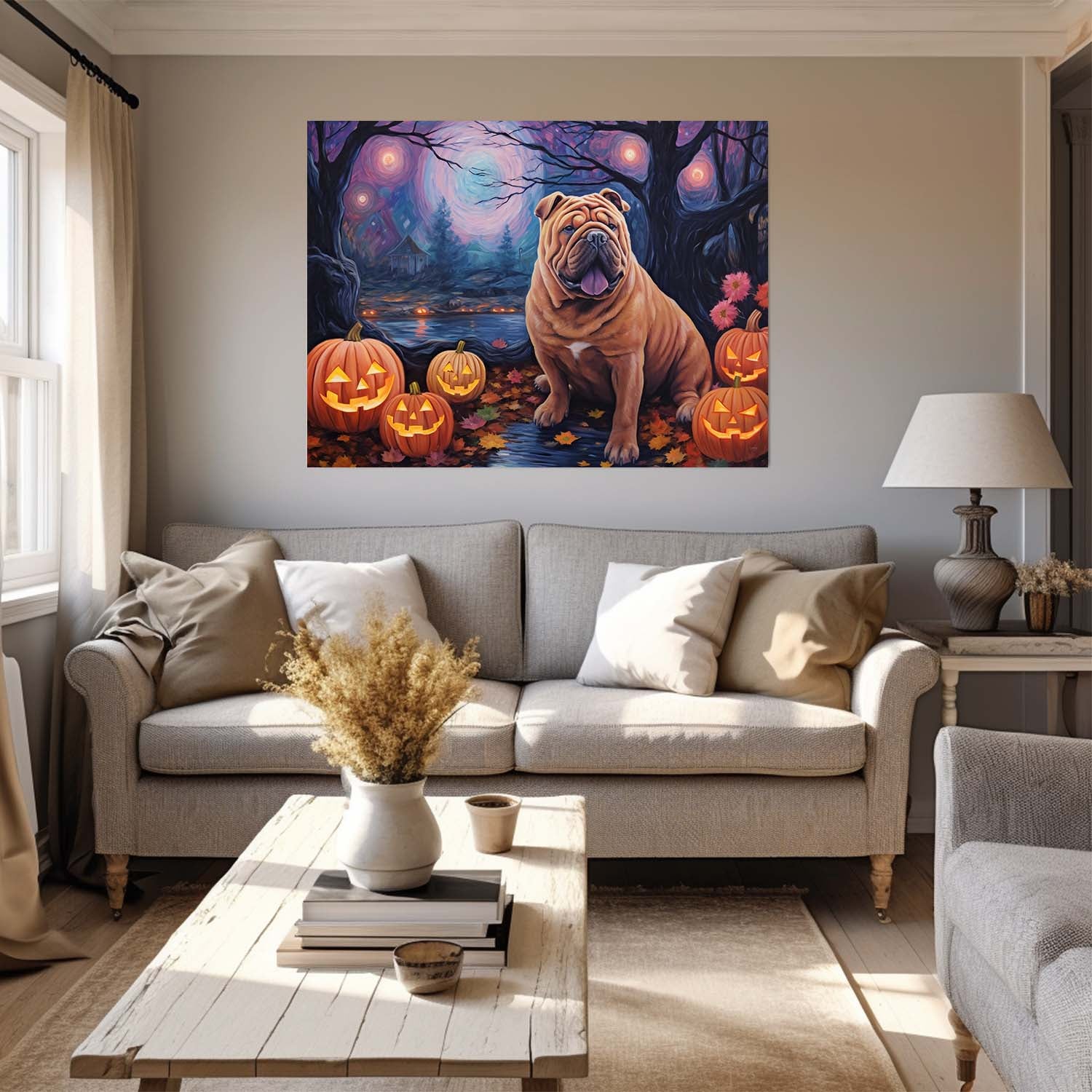 Chinese Shar-Pei Dog Halloween With Pumpkin Oil Painting Van Goh Style, Wooden Canvas Prints Wall Art Painting , Canvas 3d Art