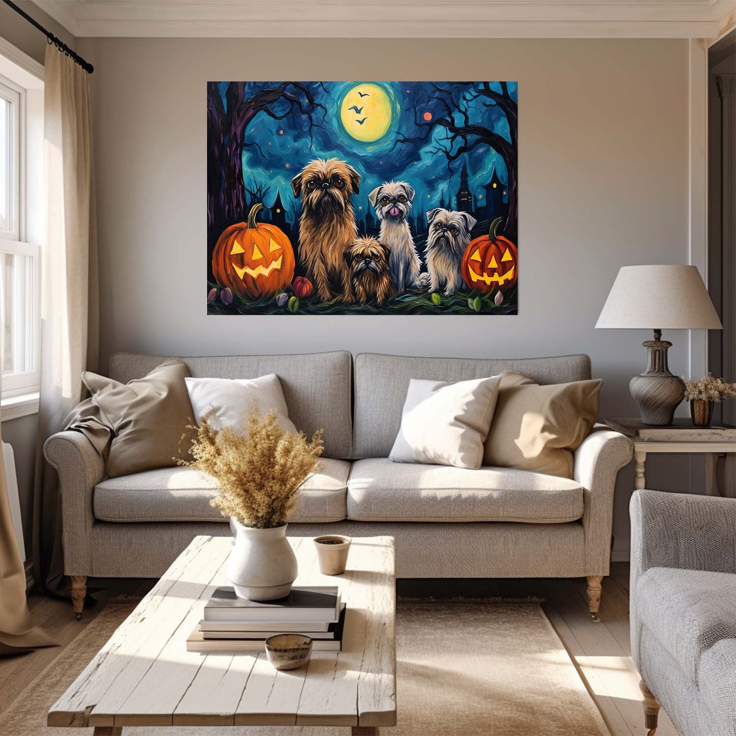 Brussels Griffons Dog 02 Halloween With Pumpkin Oil Painting Van Goh Style, Wooden Canvas Prints Wall Art Painting , Canvas 3d Art