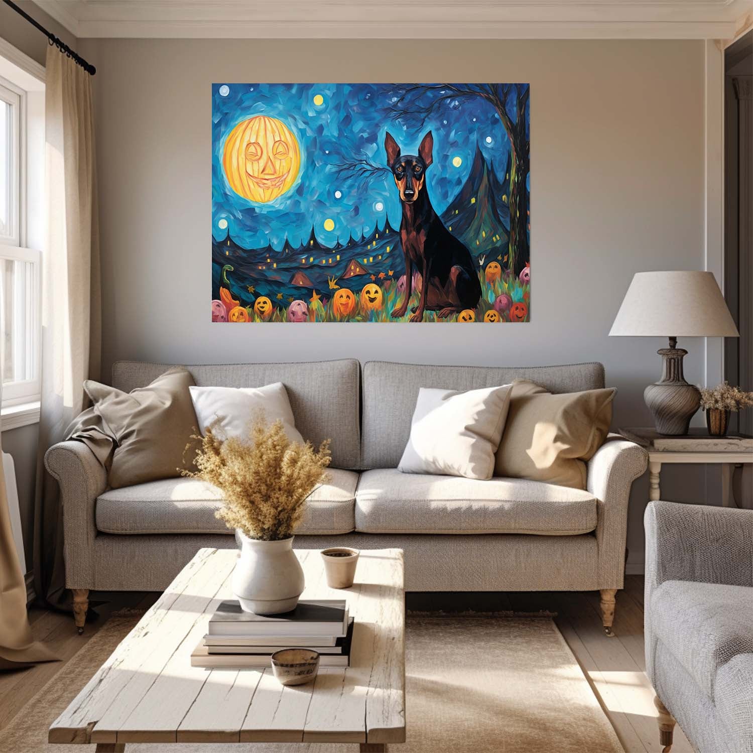 Doberman Pinschers Dog 03 Halloween With Pumpkin Oil Painting Van Goh Style, Wooden Canvas Prints Wall Art Painting , Canvas 3d Art