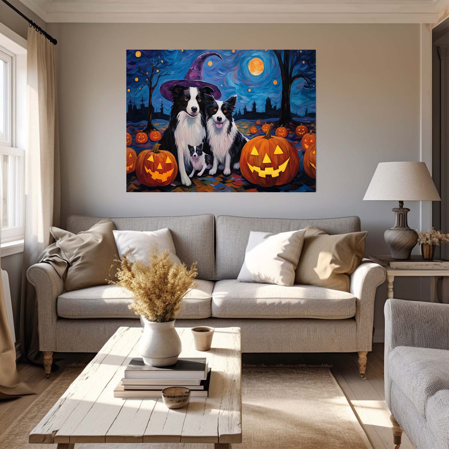 Border Collies Dog 02 Halloween With Pumpkin Oil Painting Van Goh Style, Wooden Canvas Prints Wall Art Painting , Canvas 3d Art