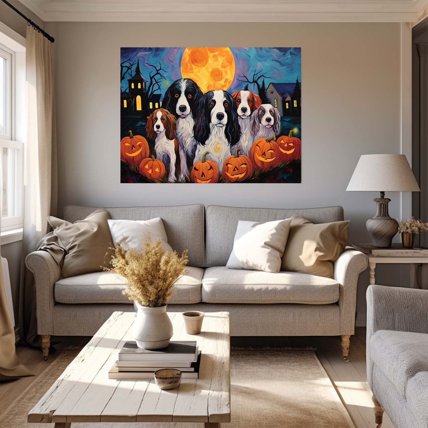 English Springer Spaniels Dog 01 Halloween With Pumpkin Oil Painting Van Goh Style, Wooden Canvas Prints Wall Art Painting , Canvas 3d Art