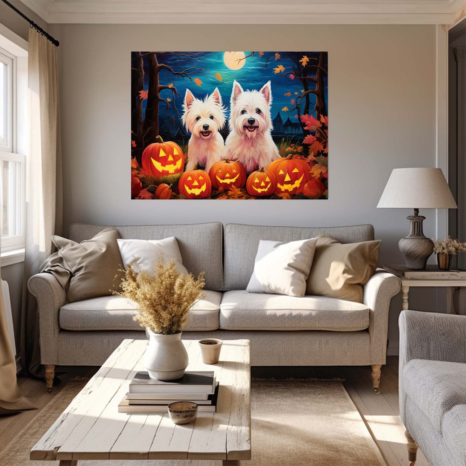 West Highland White Terriers Dog Halloween With Pumpkin Oil Painting Van Goh Style, Wooden Canvas Prints Wall Art Painting , Canvas 3d Art