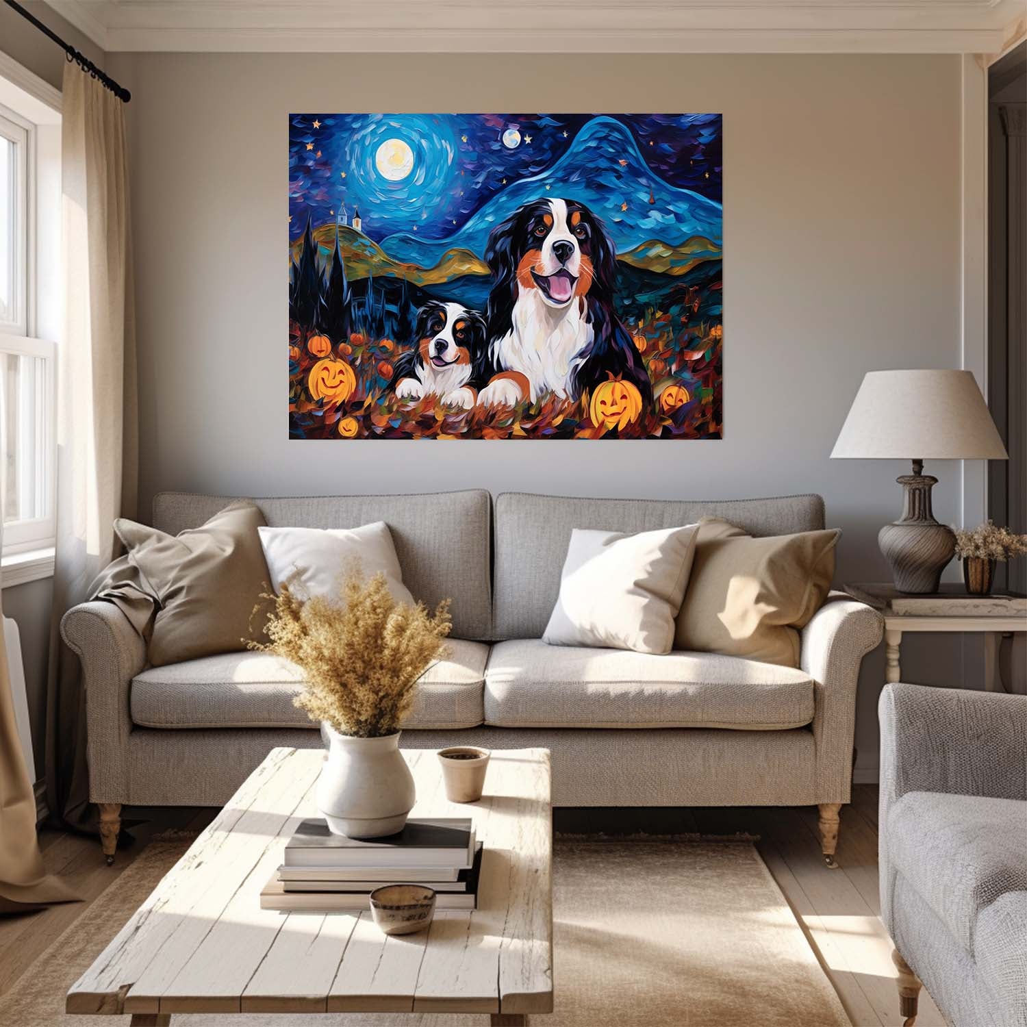 Bernese Mountain Dog 04 Halloween With Pumpkin Oil Painting Van Goh Style, Wooden Canvas Prints Wall Art Painting , Canvas 3d Art