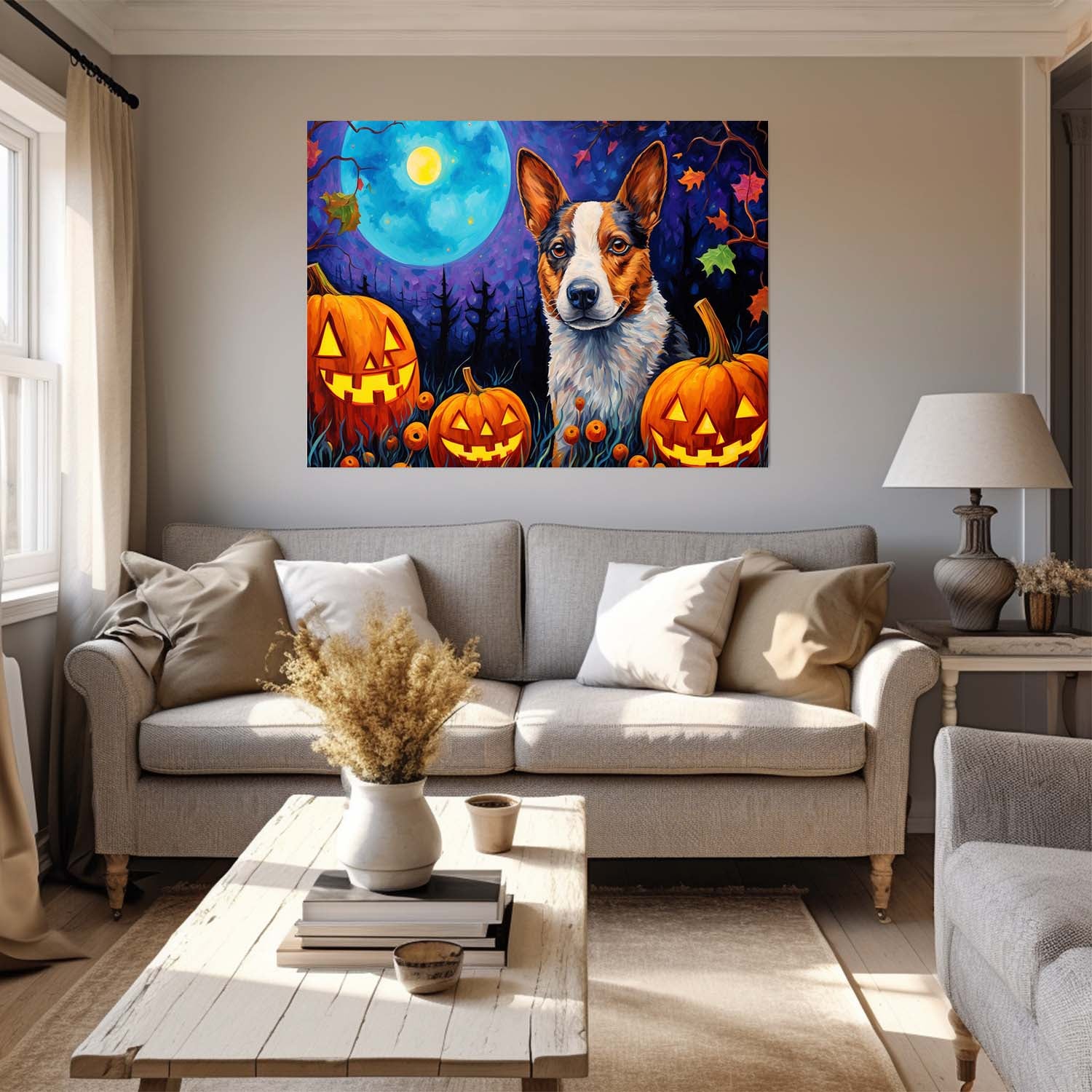 Australian Cattle Dog 01 Halloween With Pumpkin Oil Painting Van Goh Style, Wooden Canvas Prints Wall Art Painting , Canvas 3d Art