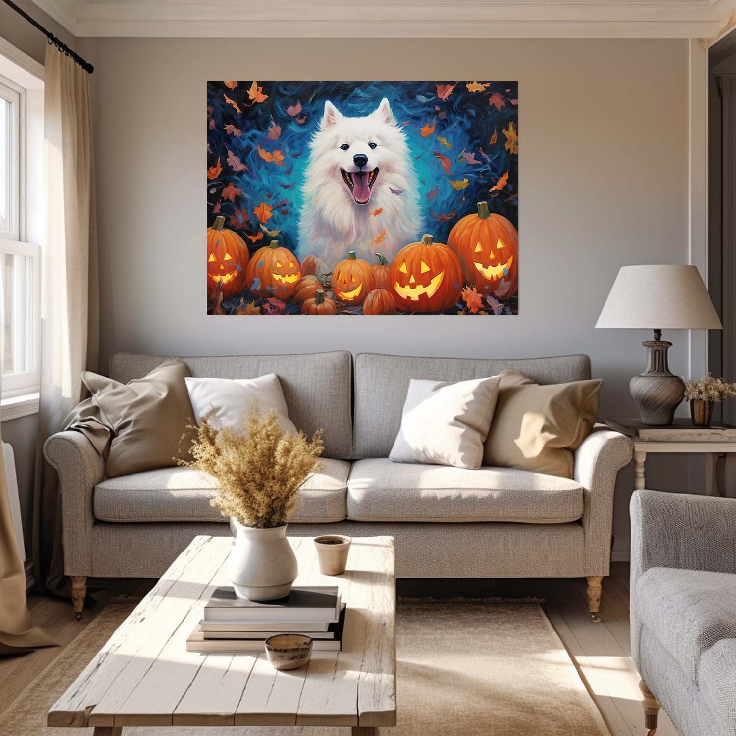 Samoyeds Dog 02 Halloween With Pumpkin Oil Painting Van Goh Style, Wooden Canvas Prints Wall Art Painting , Canvas 3d Art