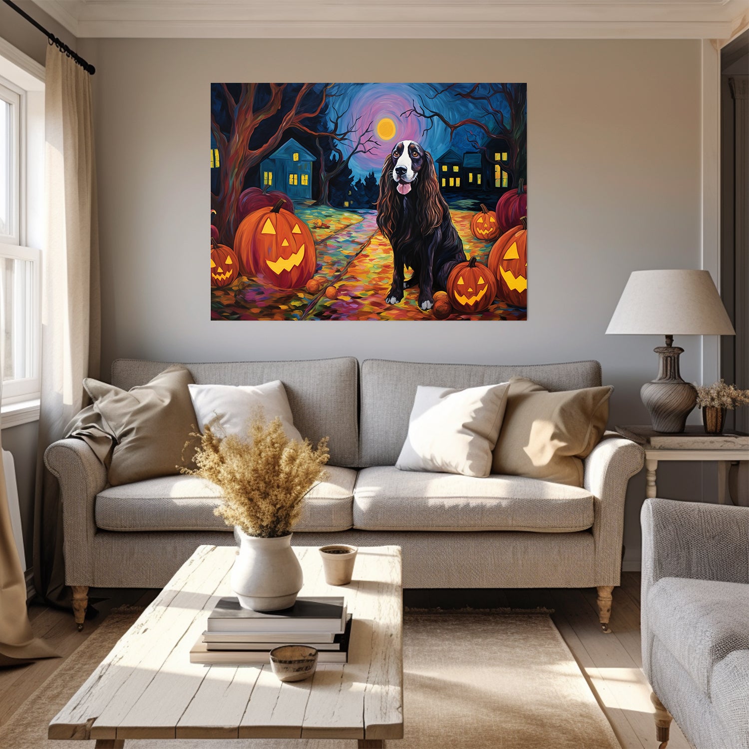 Gordon Setters Dog 02 Halloween With Pumpkin Oil Painting Van Goh Style, Wooden Canvas Prints Wall Art Painting , Canvas 3d Art