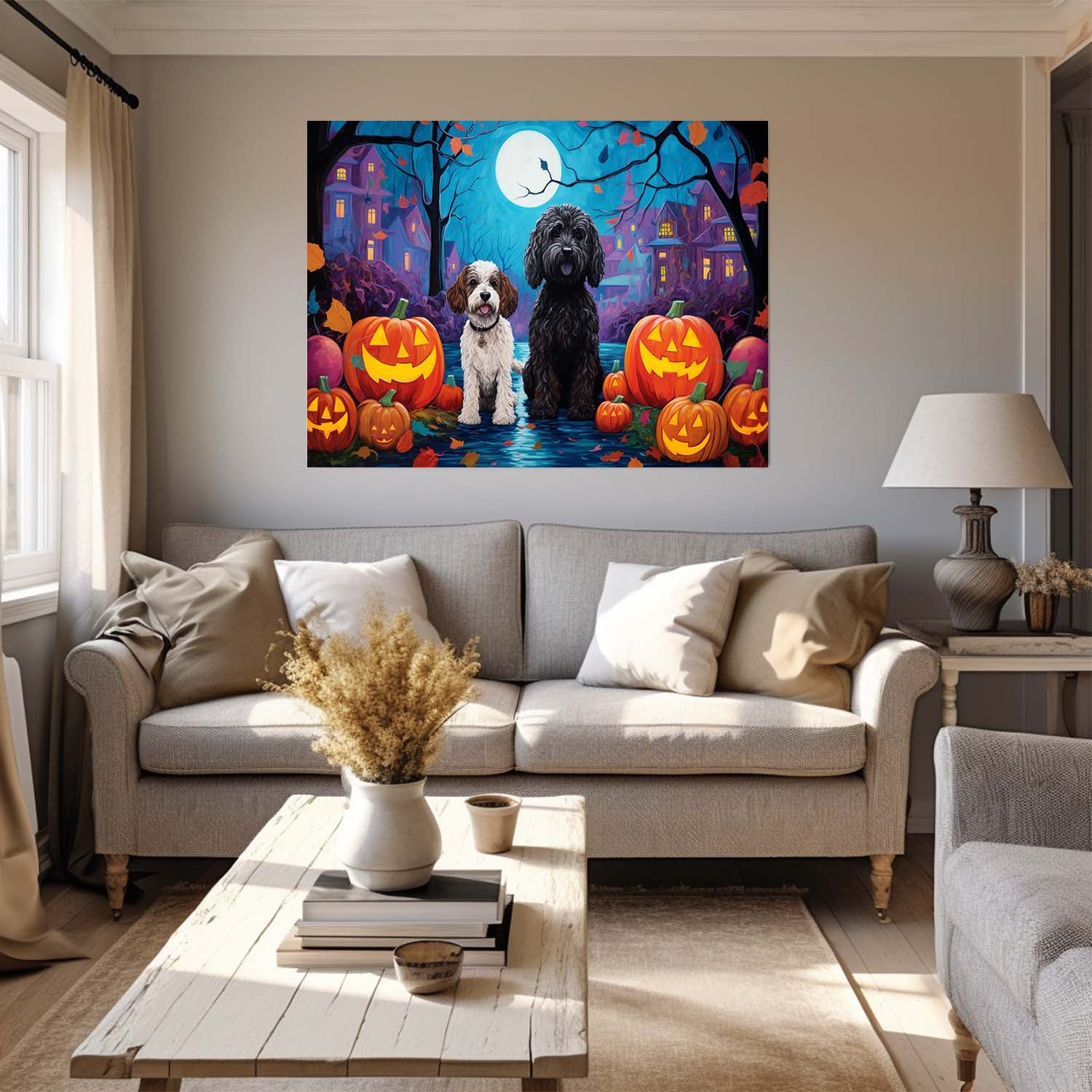 Portuguese Water Dog Halloween With Pumpkin Oil Painting Van Goh Style, Wooden Canvas Prints Wall Art Painting , Canvas 3d Art