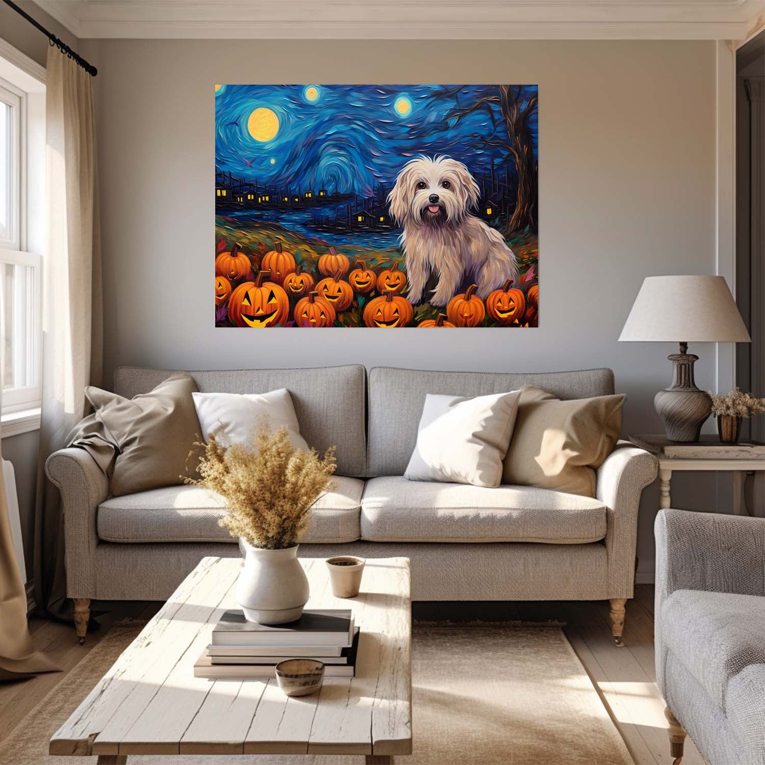 Havanese  Dog 03 Halloween With Pumpkin Oil Painting Van Goh Style, Wooden Canvas Prints Wall Art Painting , Canvas 3d Art