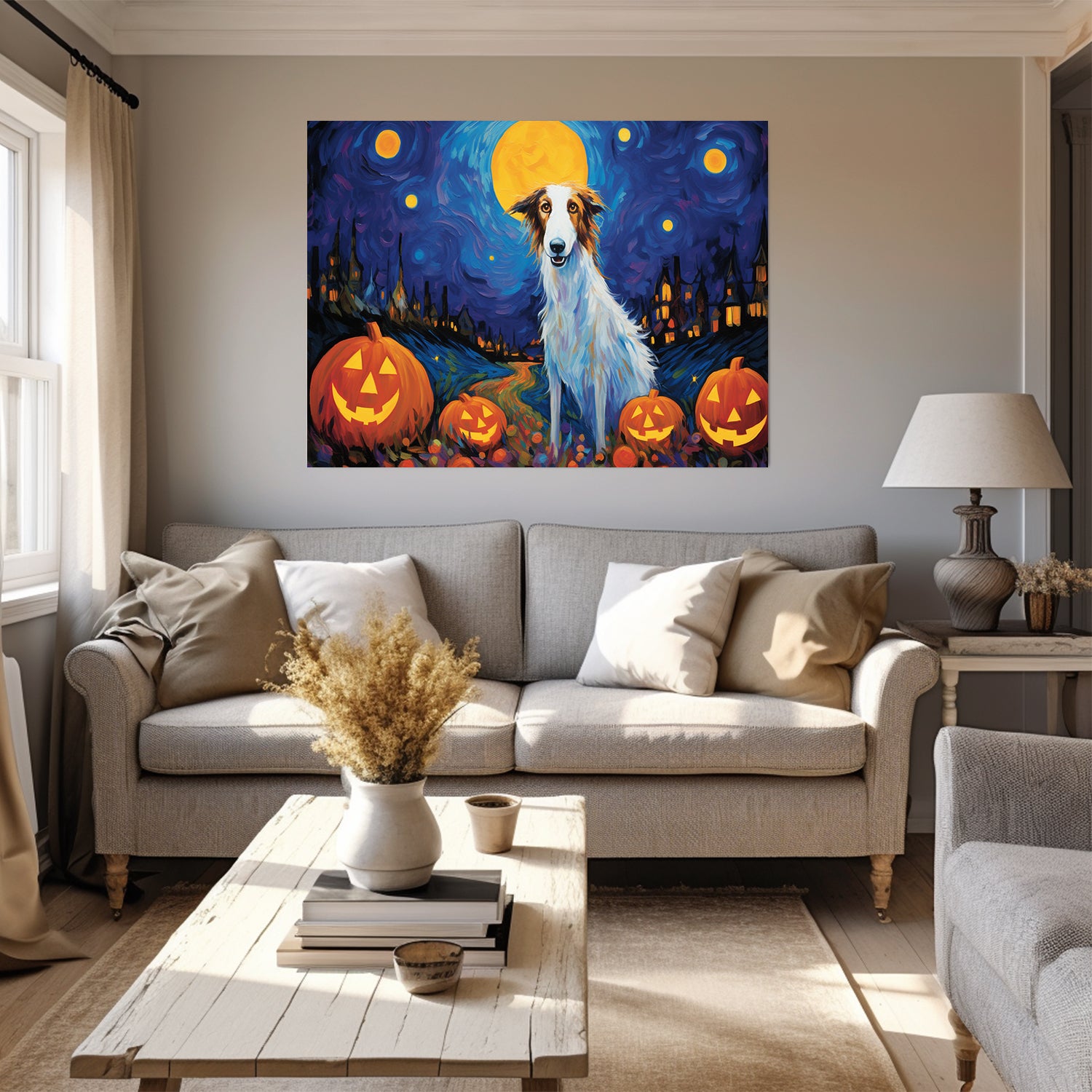 Borzois Dog Halloween With Pumpkin Oil Painting Van Goh Style, Wooden Canvas Prints Wall Art Painting , Canvas 3d Art