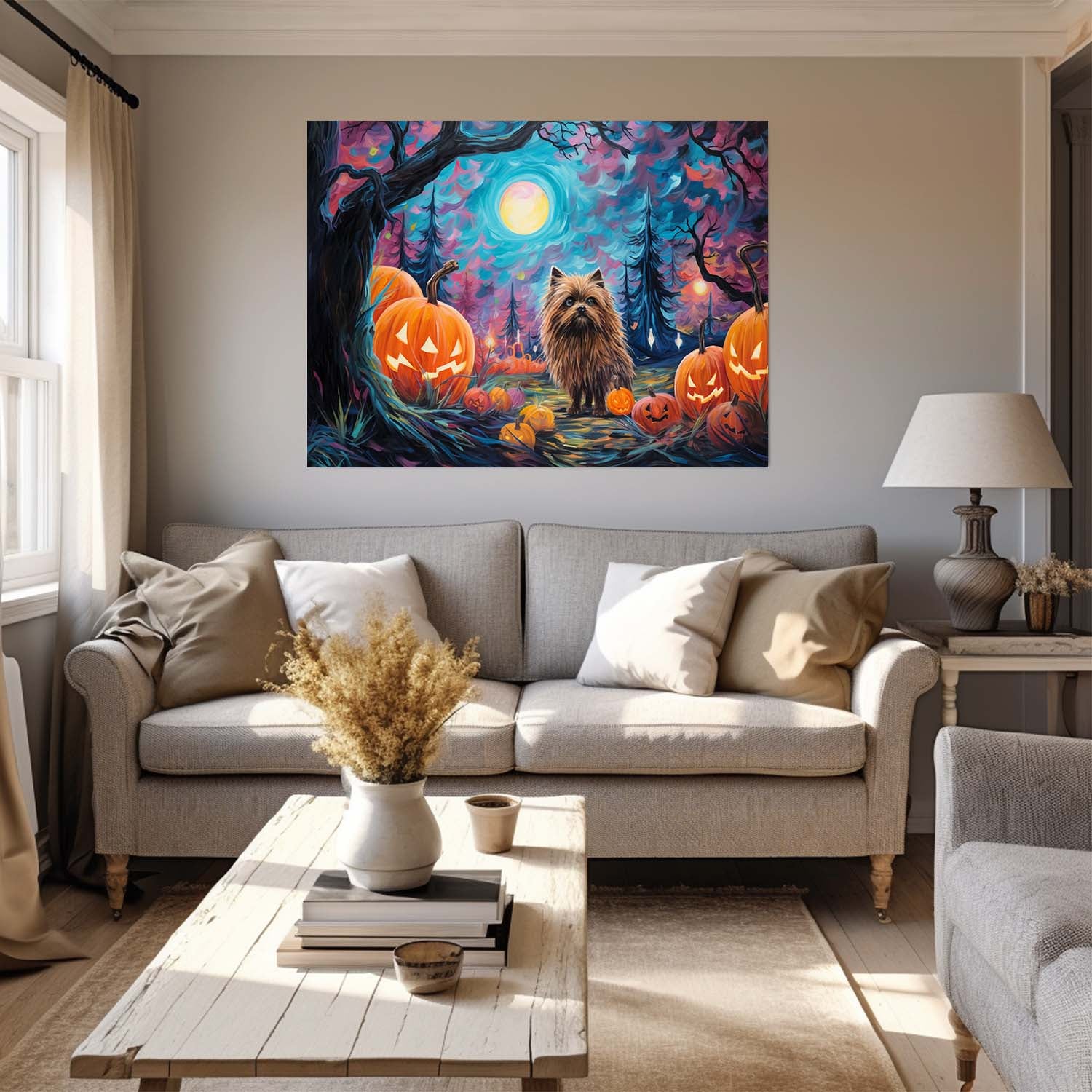 Keeshonden Dog 02 Halloween With Pumpkin Oil Painting Van Goh Style, Wooden Canvas Prints Wall Art Painting , Canvas 3d Art