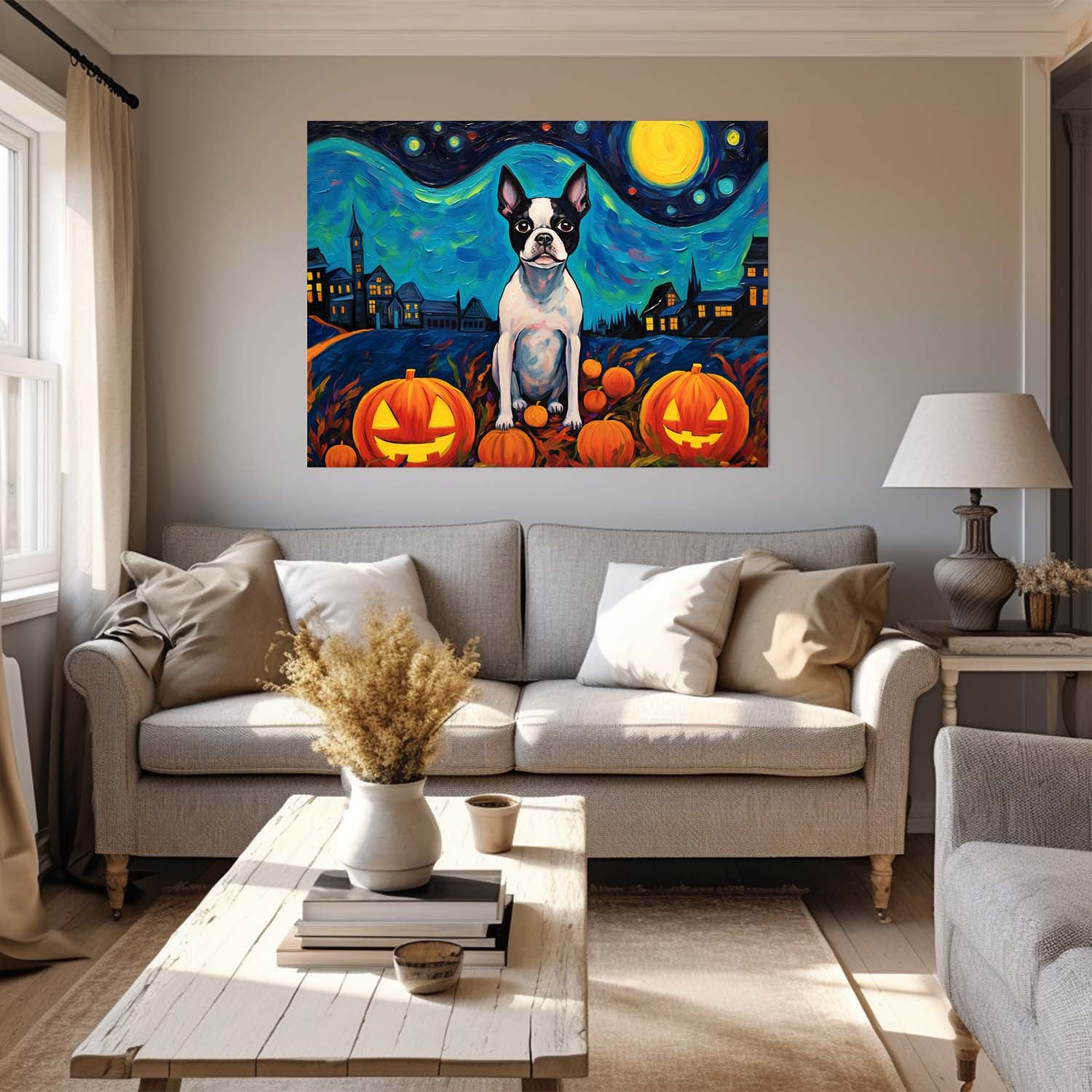 Boston Terriers Dog 02 Halloween With Pumpkin Oil Painting Van Goh Style, Wooden Canvas Prints Wall Art Painting , Canvas 3d Art