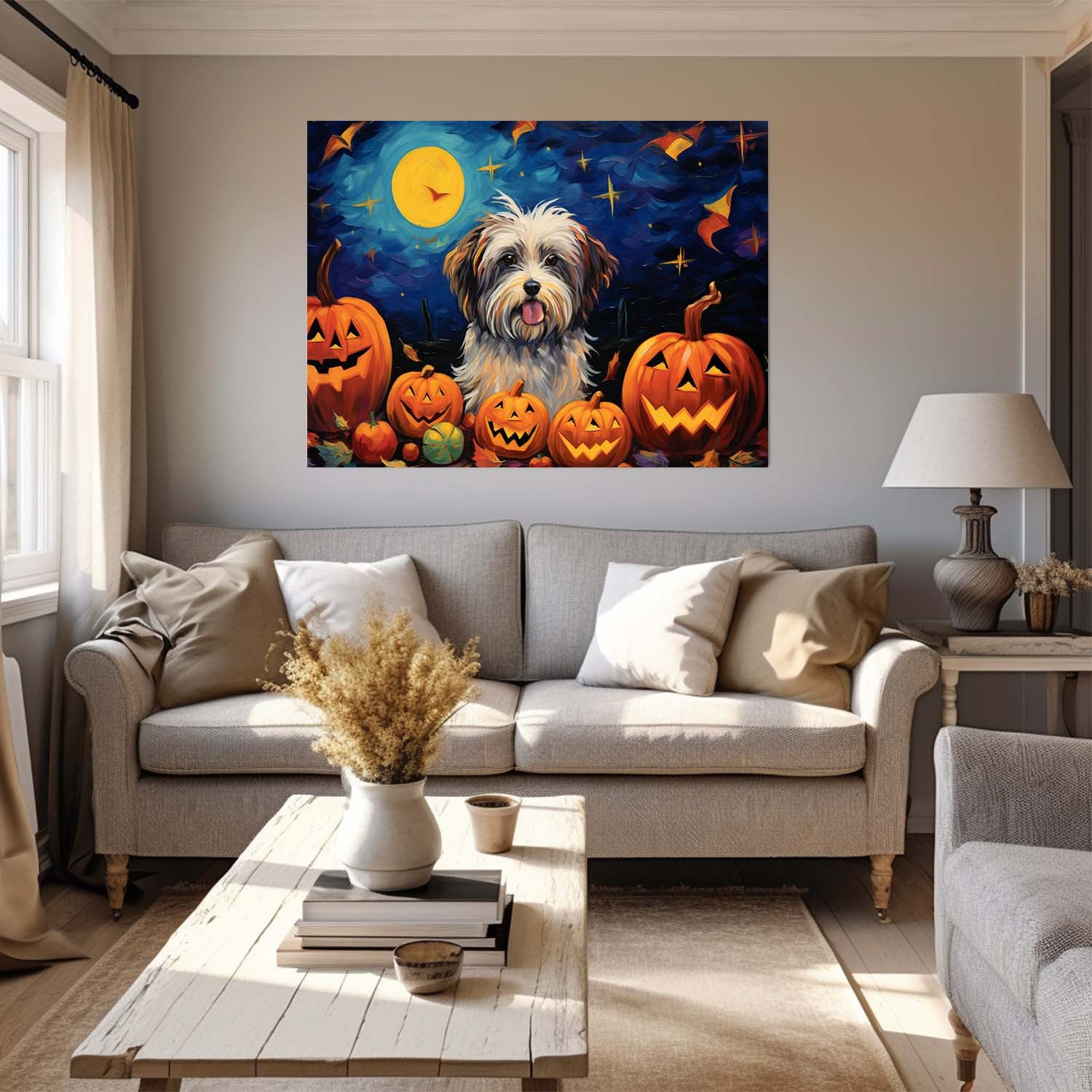 Havanese Dog 01 Halloween With Pumpkin Oil Painting Van Goh Style, Wooden Canvas Prints Wall Art Painting , Canvas 3d Art