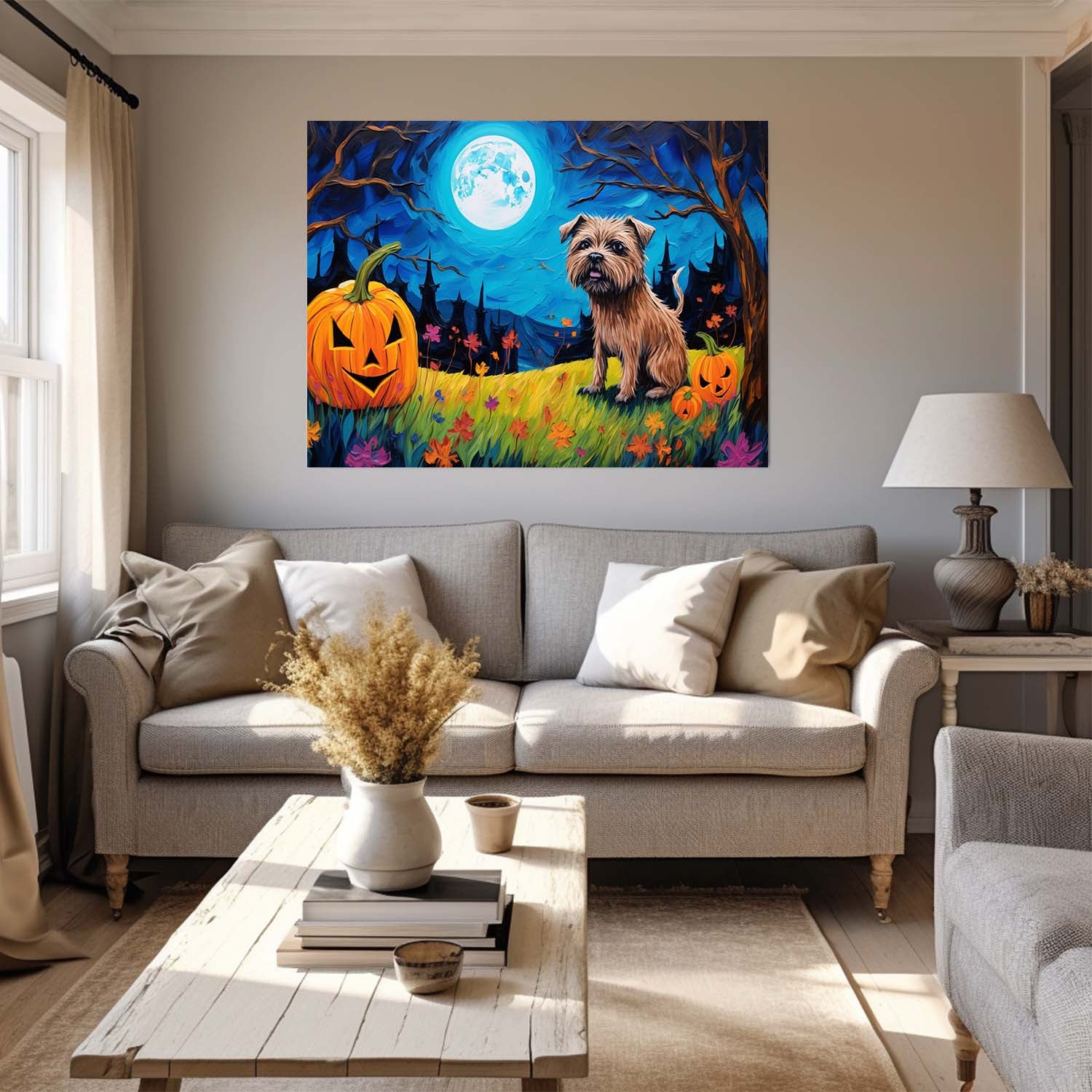 Border Terriers Dog Halloween With Pumpkin Oil Painting Van Goh Style, Wooden Canvas Prints Wall Art Painting , Canvas 3d Art