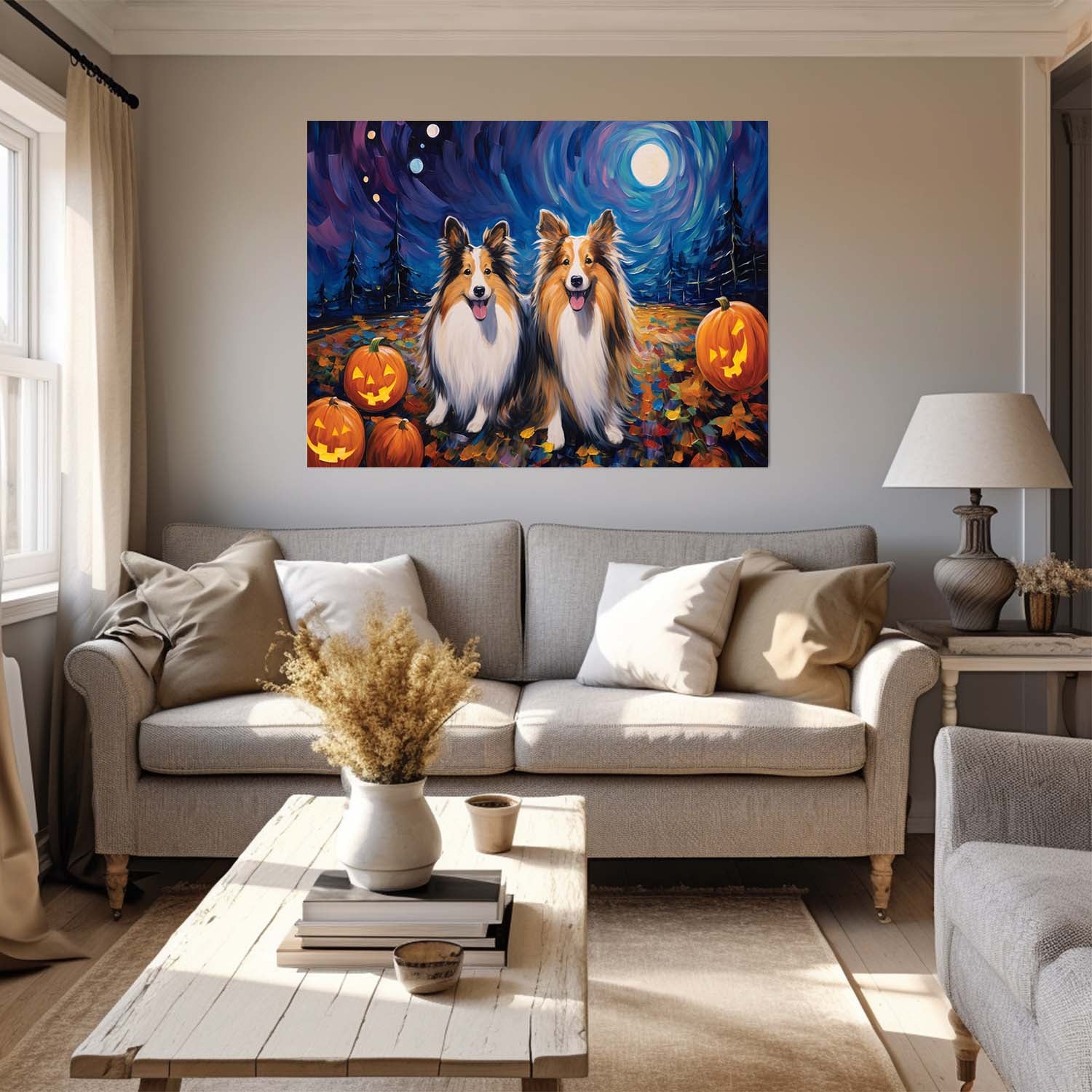 Shetland Sheepdogs Dog 02 Halloween With Pumpkin Oil Painting Van Goh Style, Wooden Canvas Prints Wall Art Painting , Canvas 3d Art