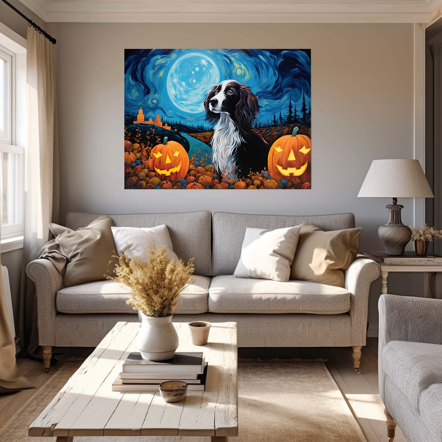 Irish Setters Dog 02 Halloween With Pumpkin Oil Painting Van Goh Style, Wooden Canvas Prints Wall Art Painting , Canvas 3d Art