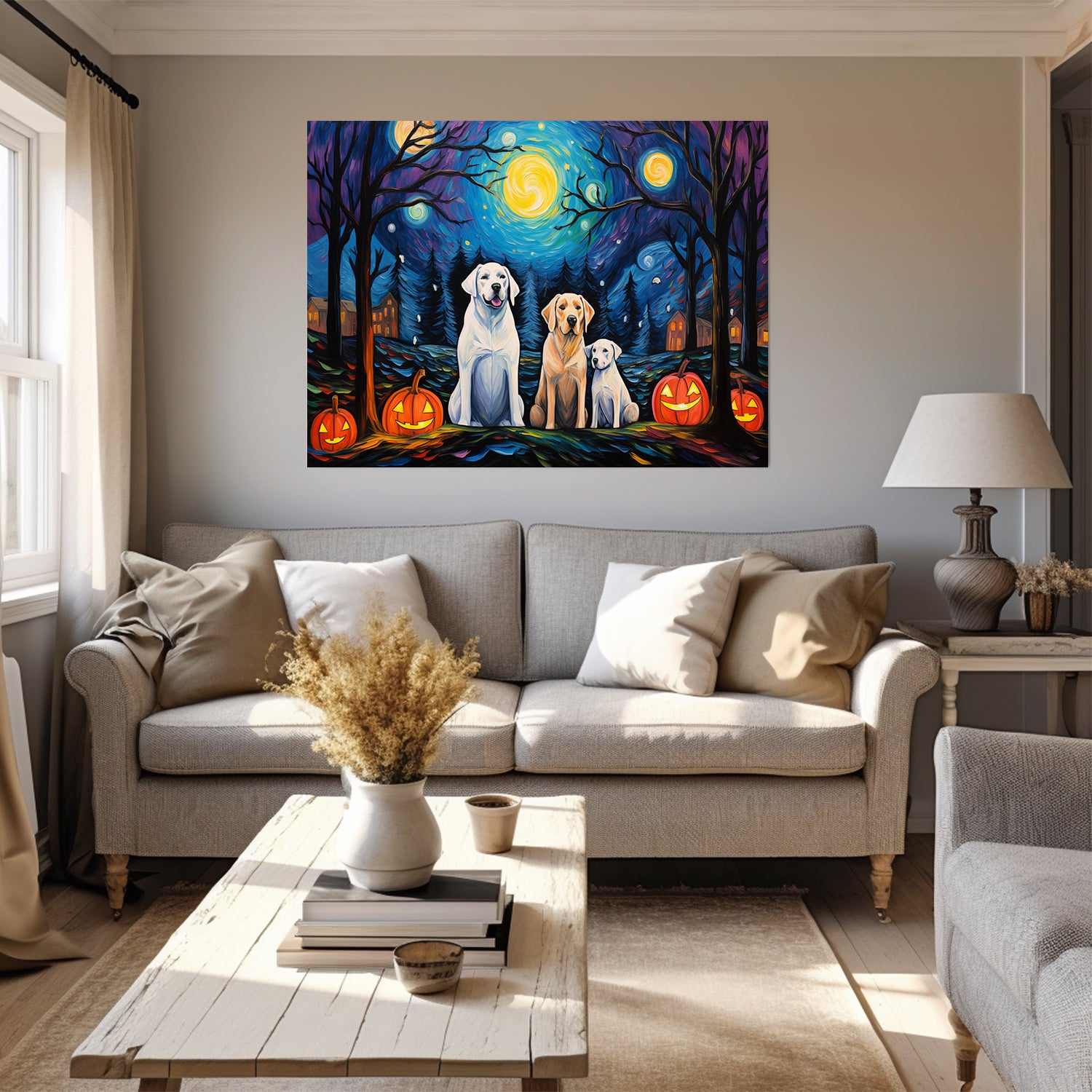 Labrador Retrievers Dog 02 Halloween With Pumpkin Oil Painting Van Goh Style, Wooden Canvas Prints Wall Art Painting , Canvas 3d Art