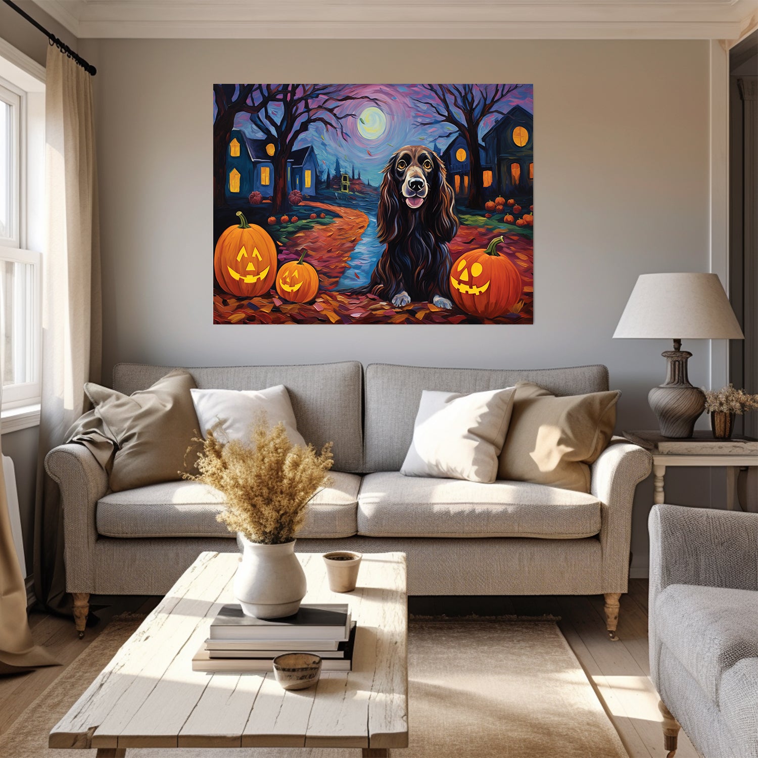 Gordon Setters Dog Halloween With Pumpkin Oil Painting Van Goh Style, Wooden Canvas Prints Wall Art Painting , Canvas 3d Art