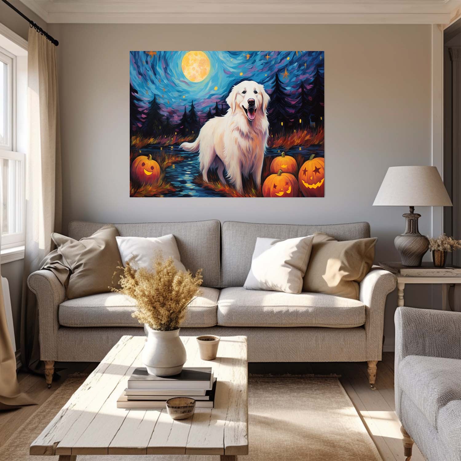 Great Pyrenees Dog 01 Halloween With Pumpkin Oil Painting Van Goh Style, Wooden Canvas Prints Wall Art Painting , Canvas 3d Art