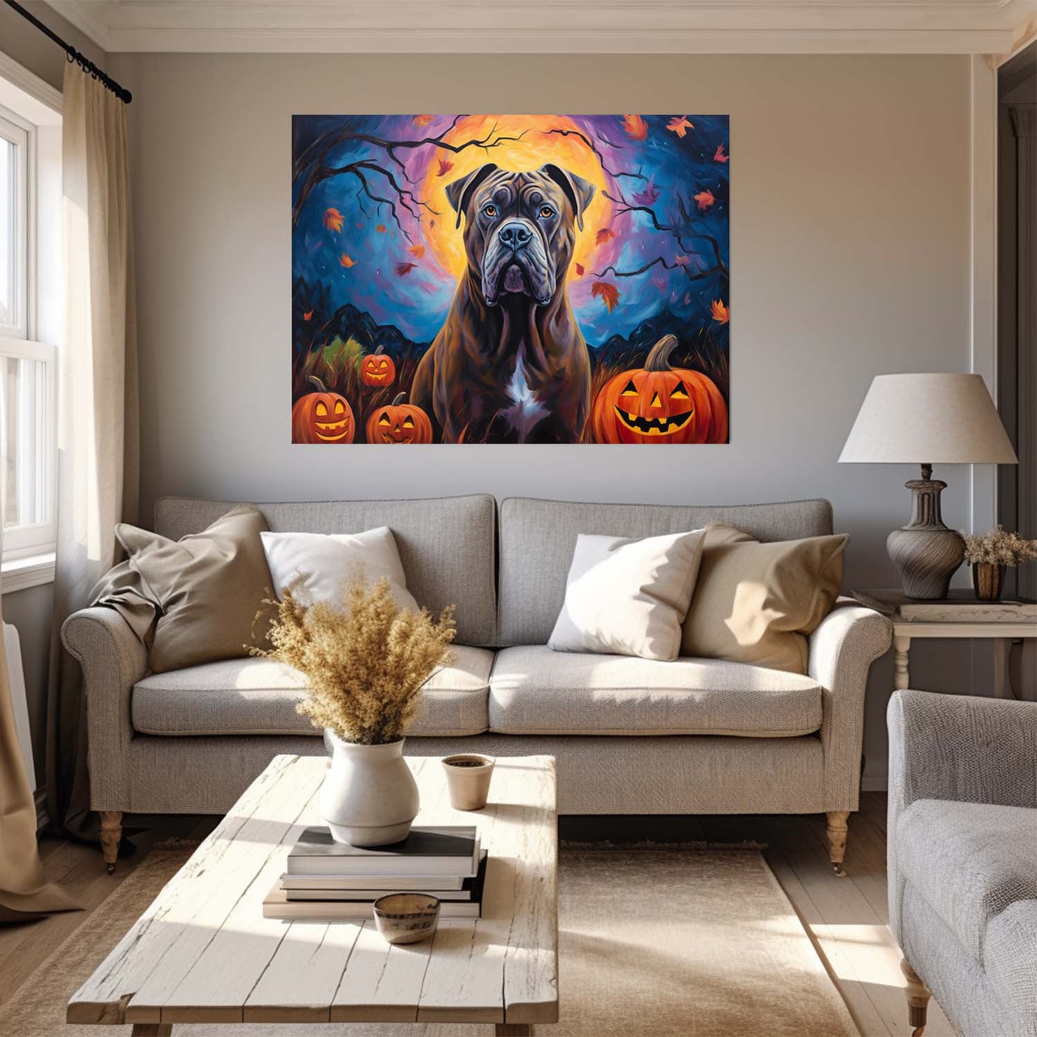 Cane Corso Dog 03 Halloween With Pumpkin Oil Painting Van Goh Style, Wooden Canvas Prints Wall Art Painting , Canvas 3d Art