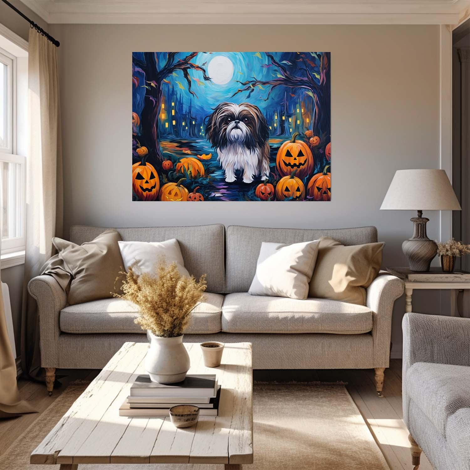 Shih Tzu Dog 02 Halloween With Pumpkin Oil Painting Van Goh Style, Wooden Canvas Prints Wall Art Painting , Canvas 3d Art