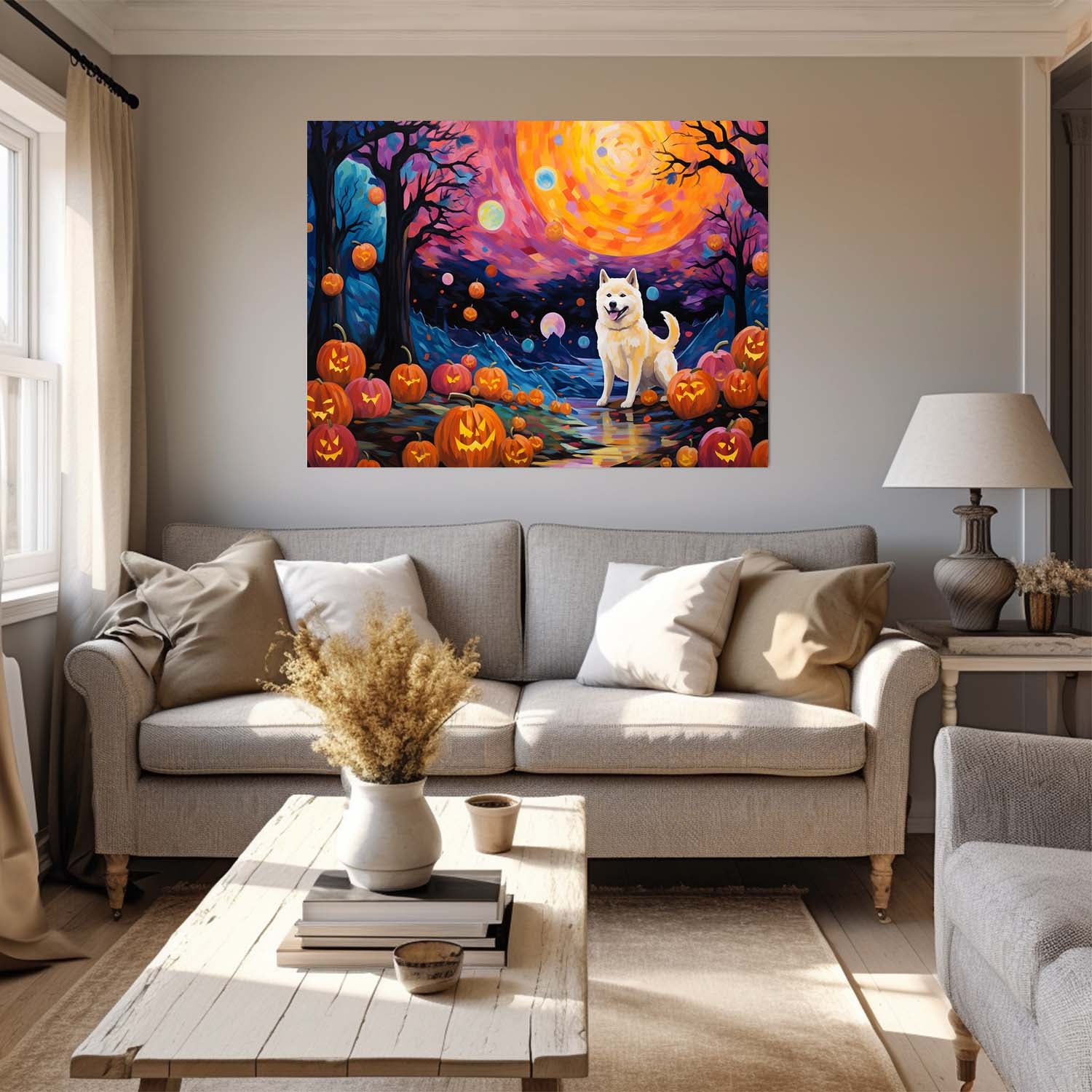 Akita Dog 01 Halloween With Pumpkin Oil Painting Van Goh Style, Wooden Canvas Prints Wall Art Painting , Canvas 3d Art