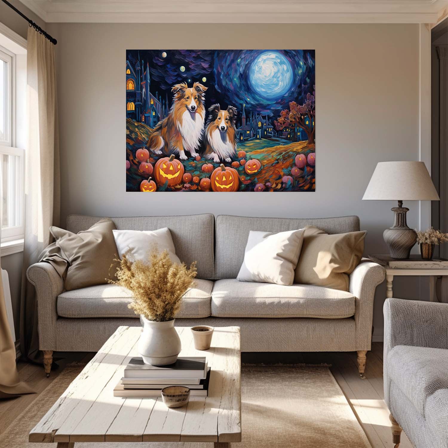 Shetland Sheepdogs Dog 03 Halloween With Pumpkin Oil Painting Van Goh Style, Wooden Canvas Prints Wall Art Painting , Canvas 3d Art