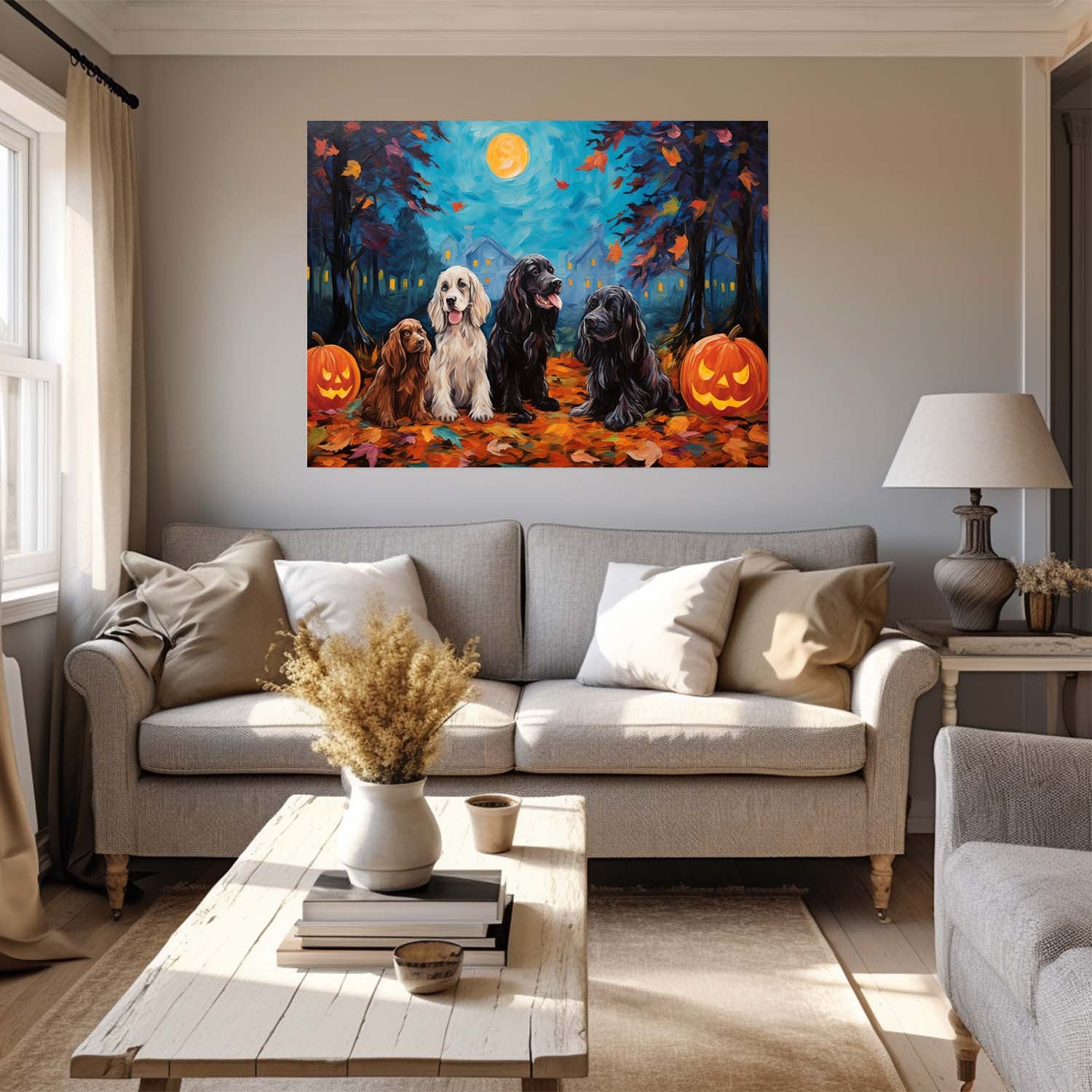 English Cocker Spaniels Dog Halloween With Pumpkin Oil Painting Van Goh Style, Wooden Canvas Prints Wall Art Painting , Canvas 3d Art