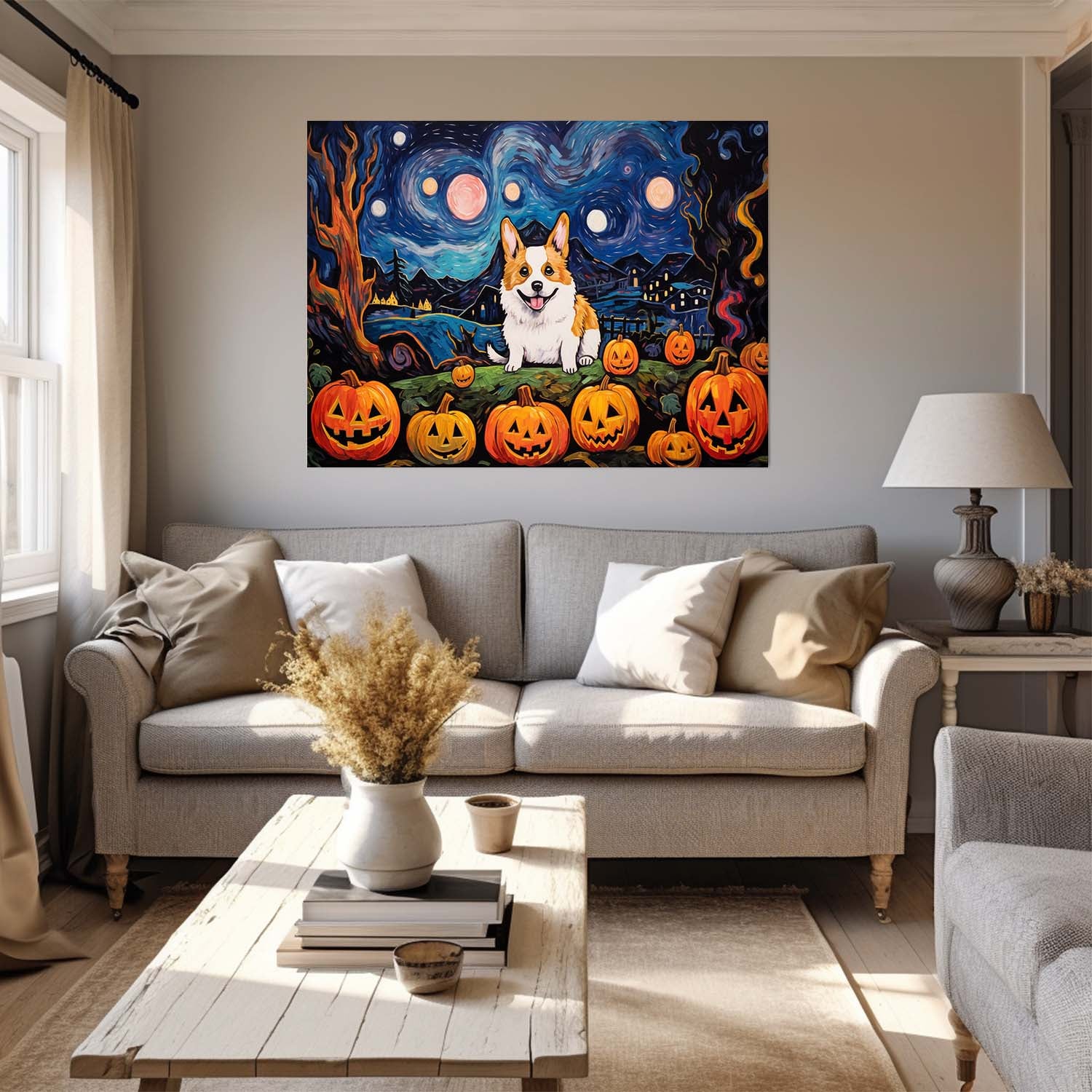 Cardigan Welsh Corgis Dog 01 Halloween With Pumpkin Oil Painting Van Goh Style, Wooden Canvas Prints Wall Art Painting , Canvas 3d Art