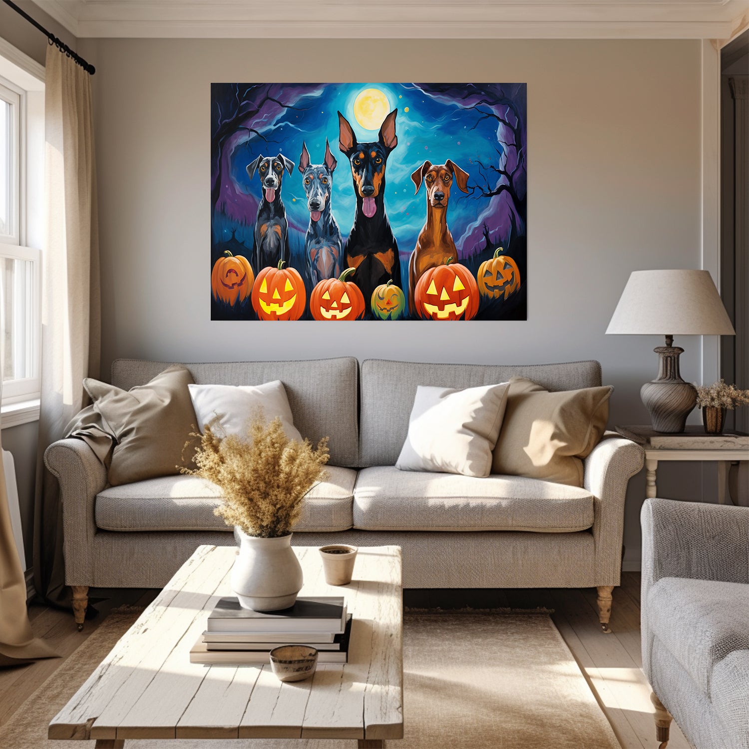 Doberman Pinschers Dogs Halloween With Pumpkin Oil Painting Van Goh Style, Wooden Canvas Prints Wall Art Painting , Canvas 3d Art