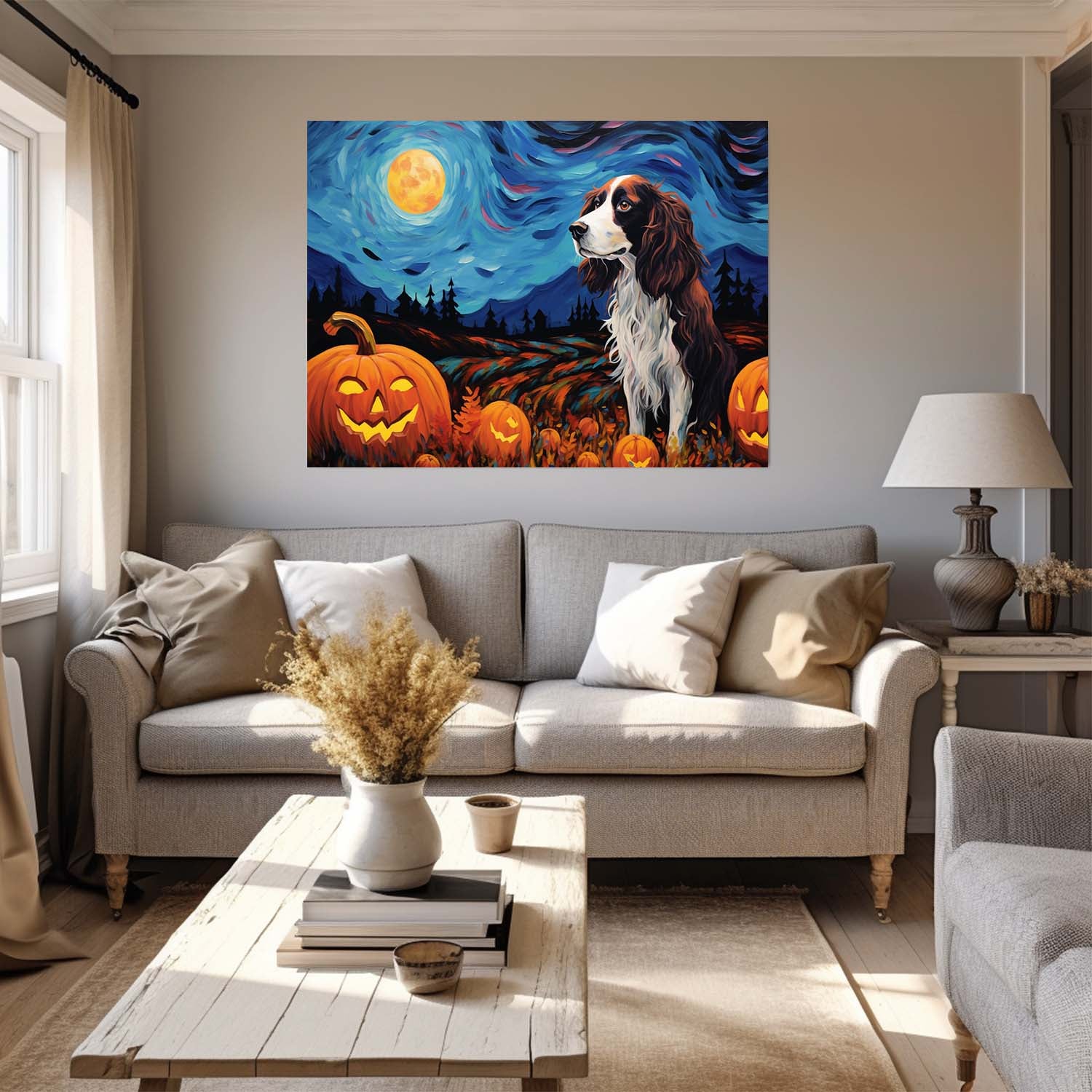 Irish Setters Dog 02 Halloween With Pumpkin Oil Painting Van Goh Style, Wooden Canvas Prints Wall Art Painting , Canvas 3d Art