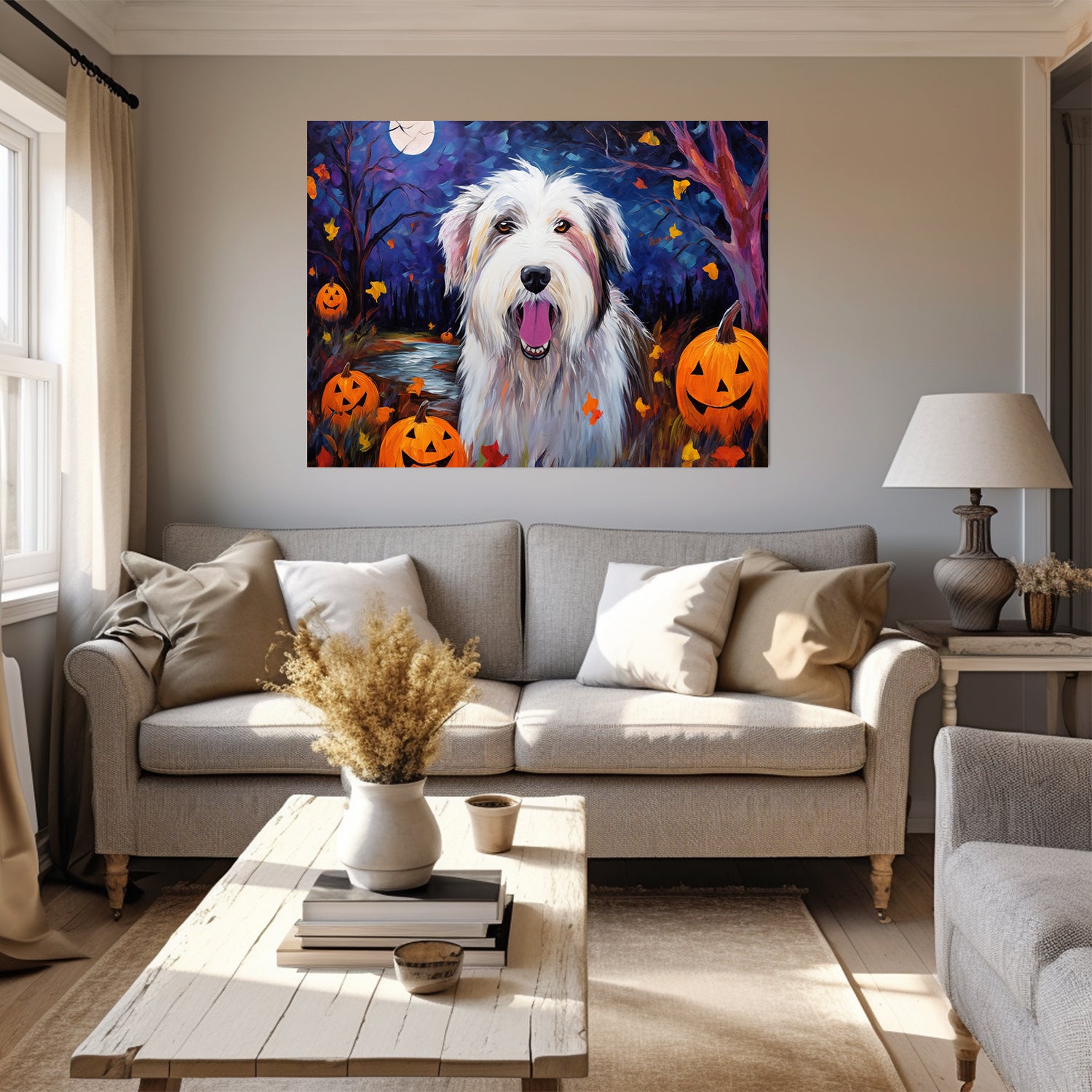Old English Sheepdogs Dog Halloween With Pumpkin Oil Painting Van Goh Style, Wooden Canvas Prints Wall Art Painting , Canvas 3d Art