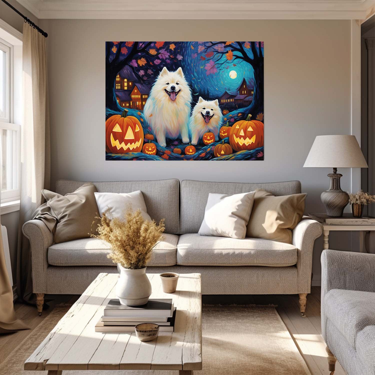 Samoyeds Dog 01 Halloween With Pumpkin Oil Painting Van Goh Style, Wooden Canvas Prints Wall Art Painting , Canvas 3d Art