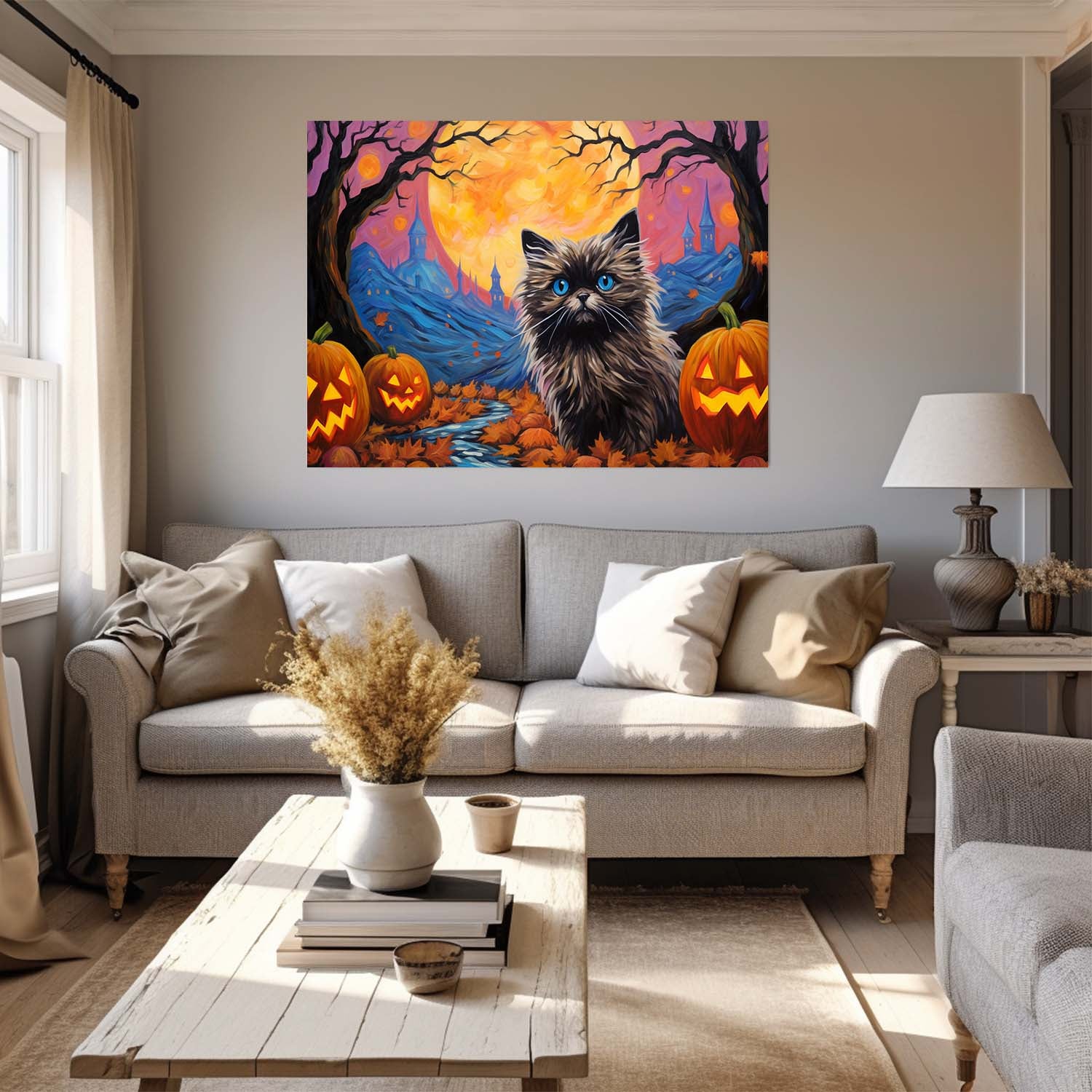 Keeshonden Dog 01 Halloween With Pumpkin Oil Painting Van Goh Style, Wooden Canvas Prints Wall Art Painting , Canvas 3d Art