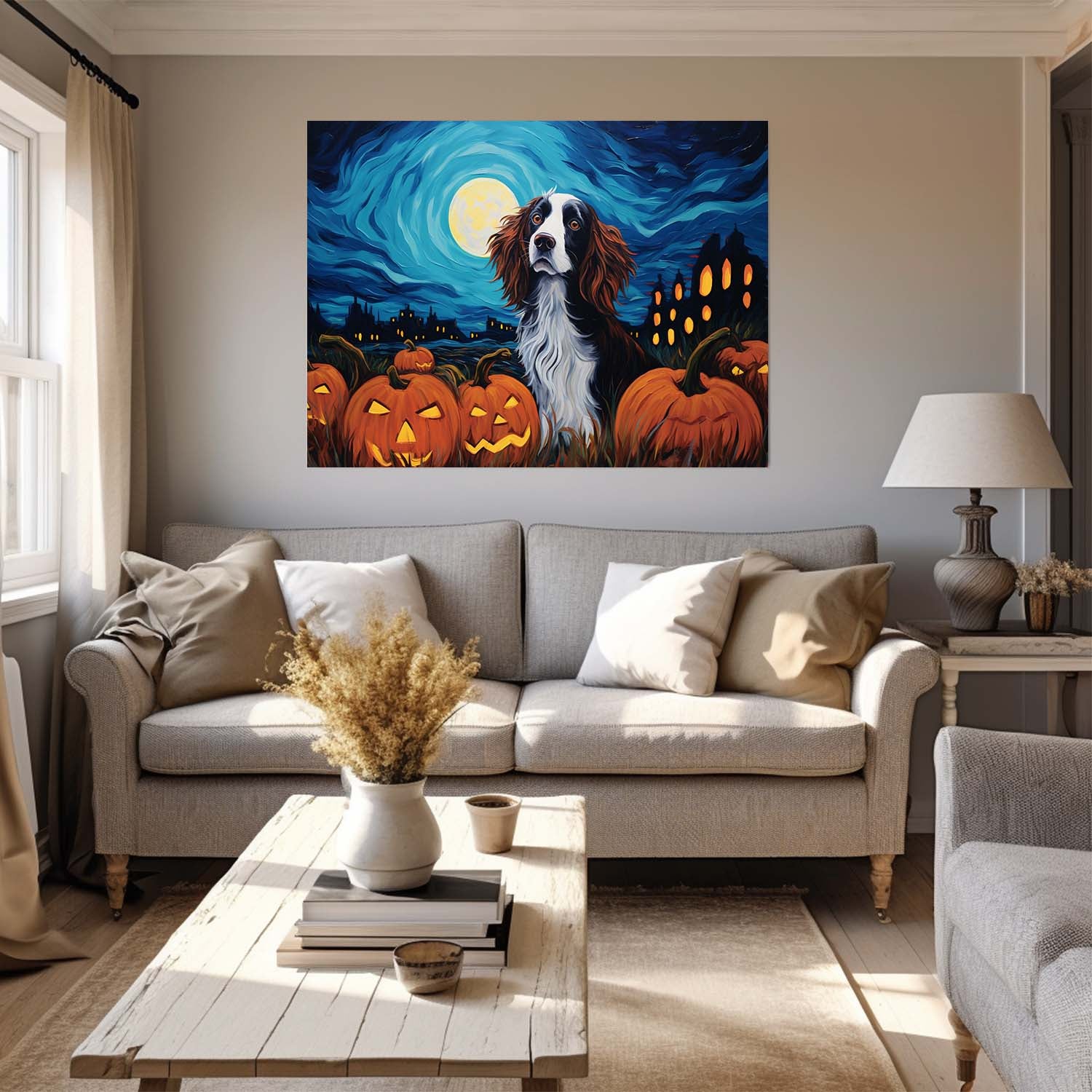 Irish Setters Dog 01 Halloween With Pumpkin Oil Painting Van Goh Style, Wooden Canvas Prints Wall Art Painting , Canvas 3d Art