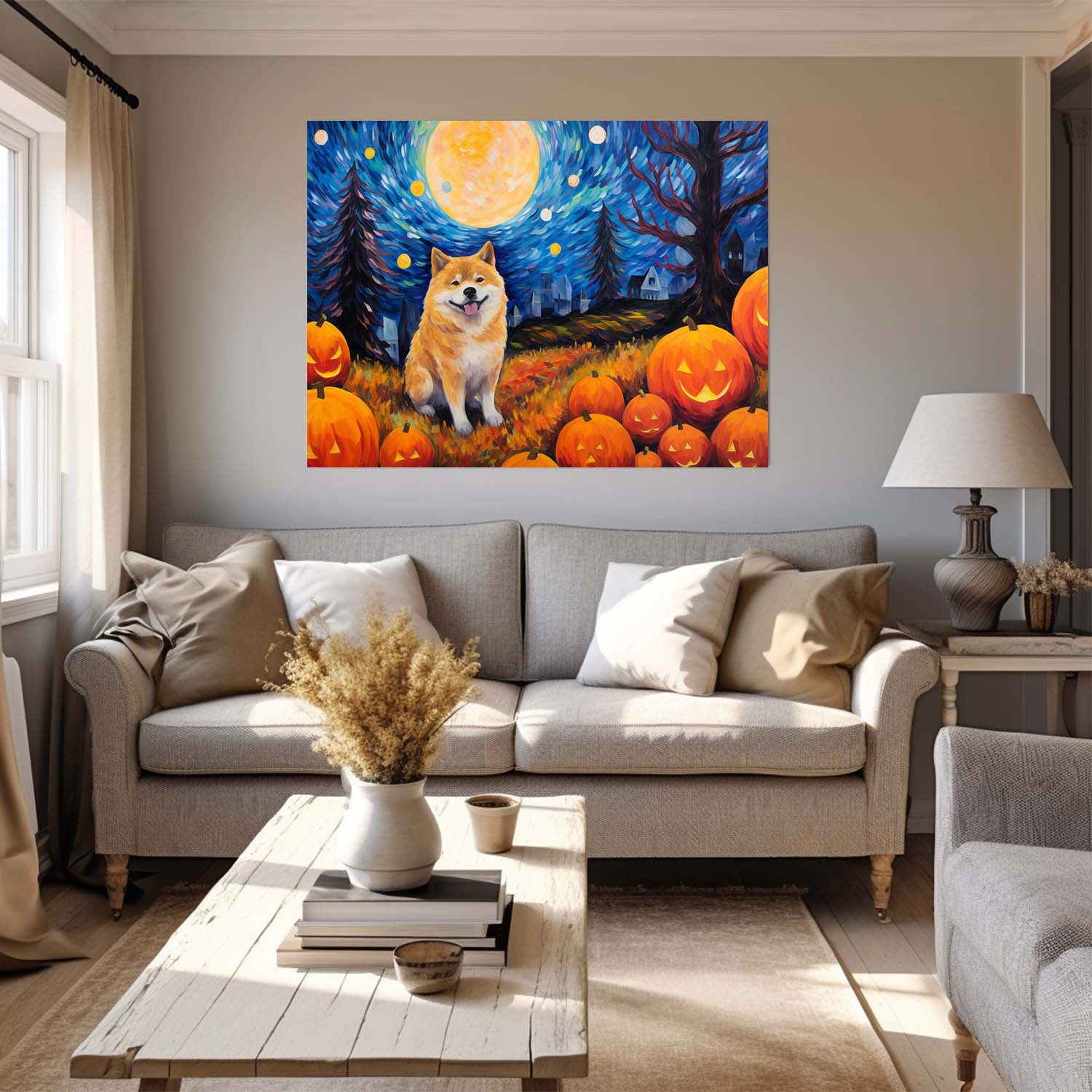 Akita Dog 02 Halloween With Pumpkin Oil Painting Van Goh Style, Wooden Canvas Prints Wall Art Painting , Canvas 3d Art