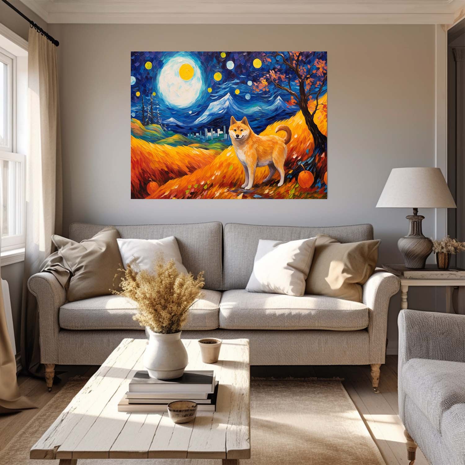 Shiba Inu Dog Halloween With Pumpkin Oil Painting Van Goh Style, Wooden Canvas Prints Wall Art Painting , Canvas 3d Art
